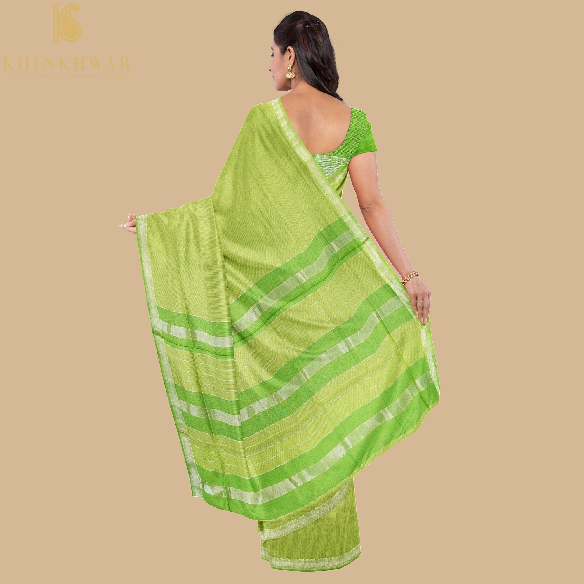Wild Willow Green Handwoven Pure Cotton Silk Maheshwari Saree - Khinkhwab