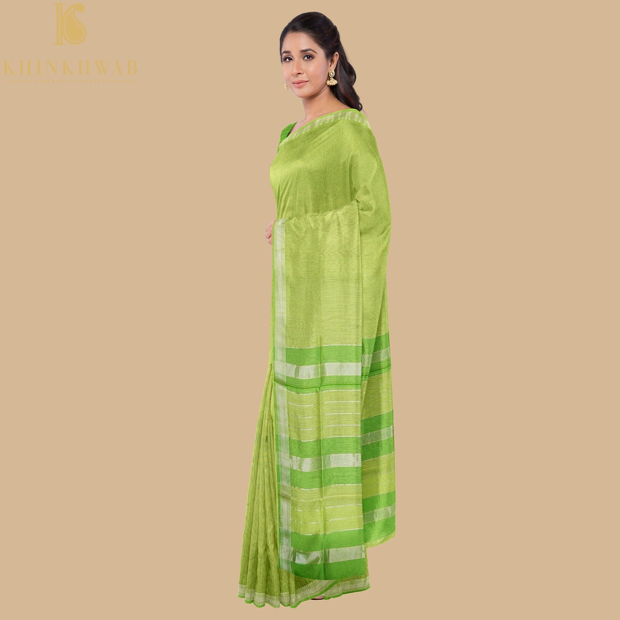Wild Willow Green Handwoven Pure Cotton Silk Maheshwari Saree - Khinkhwab