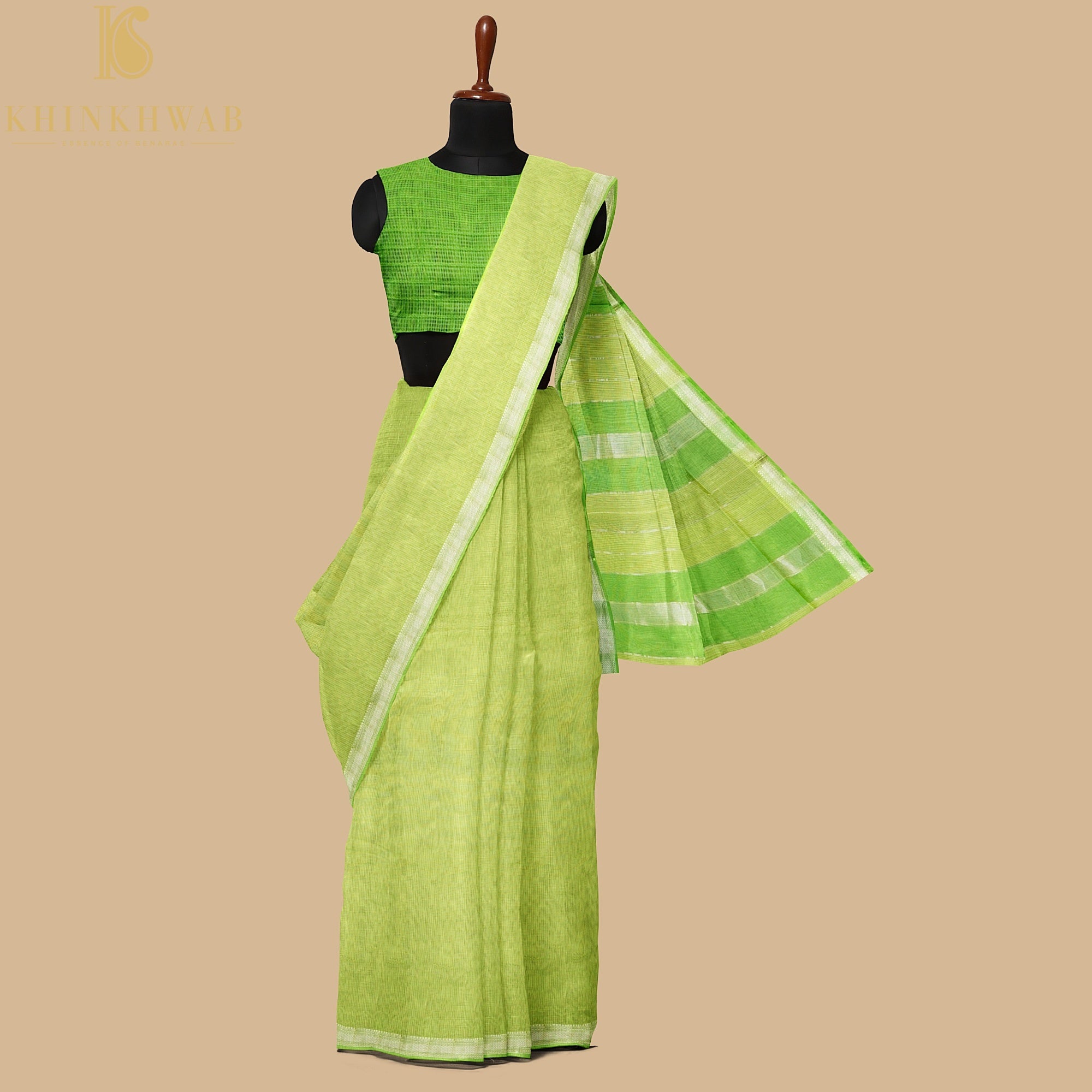 Wild Willow Green Handwoven Pure Cotton Silk Maheshwari Saree - Khinkhwab