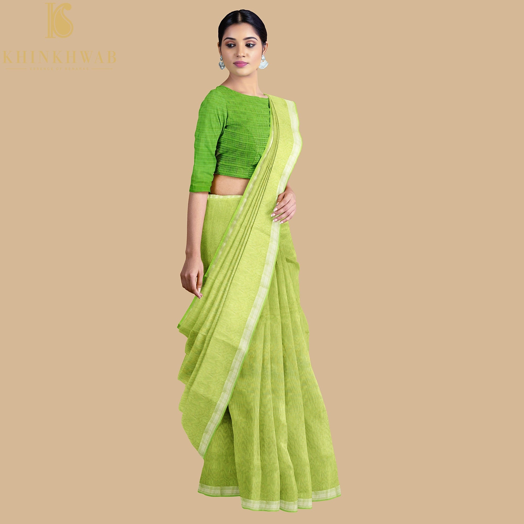Wild Willow Green Handwoven Pure Cotton Silk Maheshwari Saree - Khinkhwab