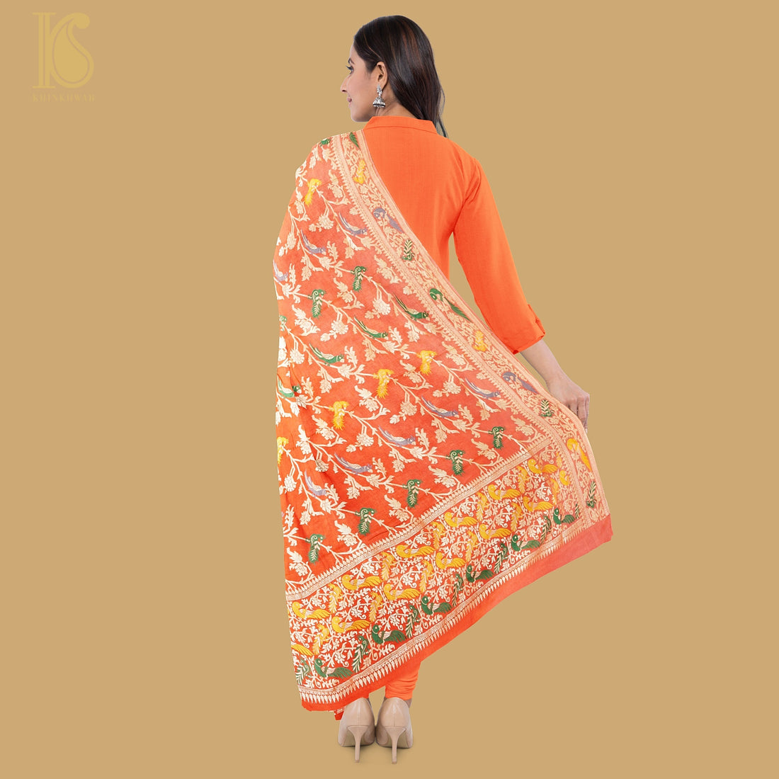 Orange Pure Georgette Banarasi Meenakari Birds Dupatta - Khinkhwab