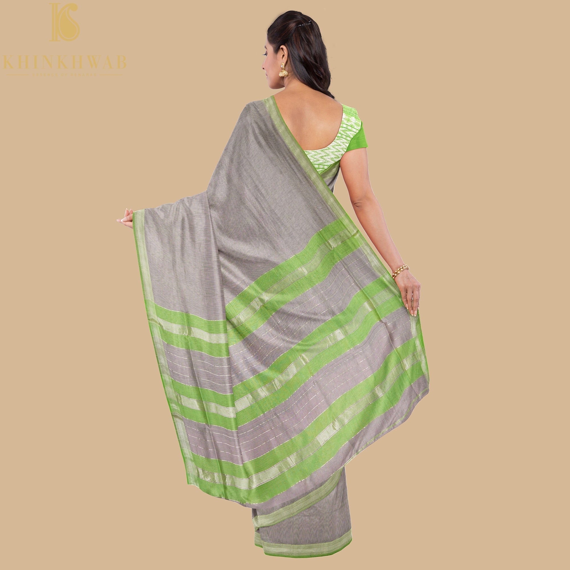 Beige & Green Handwoven Pure Cotton Silk Maheshwari Saree - Khinkhwab