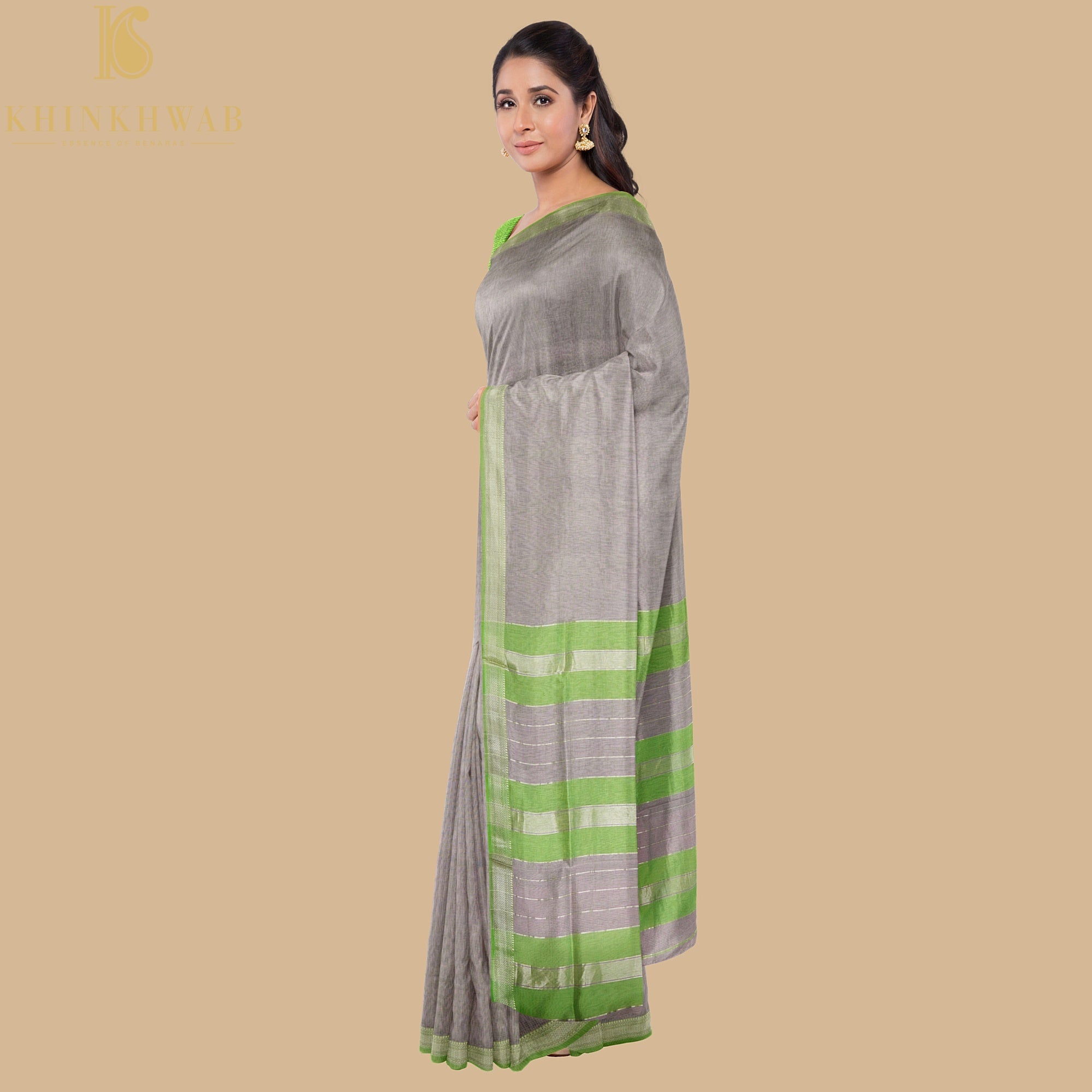 Beige & Green Handwoven Pure Cotton Silk Maheshwari Saree - Khinkhwab
