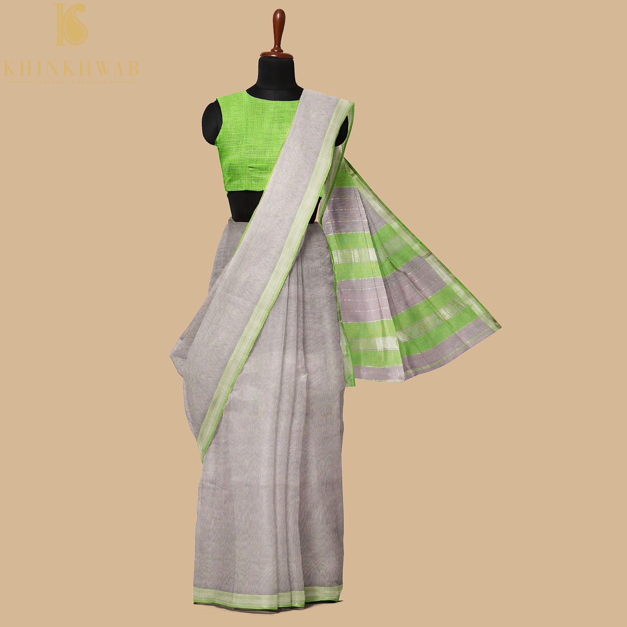Beige & Green Handwoven Pure Cotton Silk Maheshwari Saree - Khinkhwab