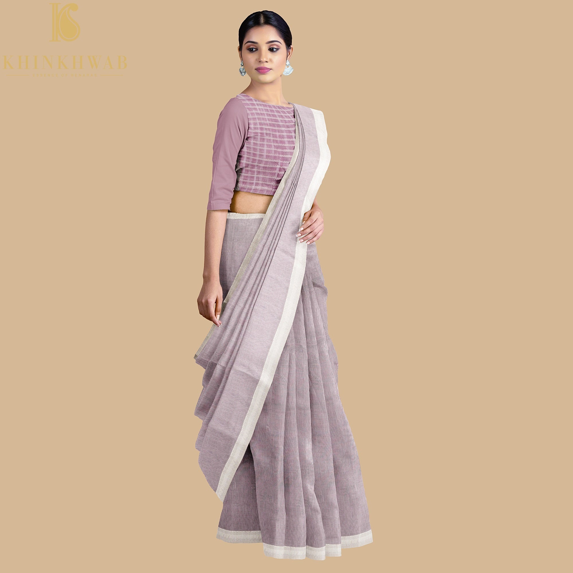 Viola Pink Handwoven Pure Cotton Silk Maheshwari Saree - Khinkhwab