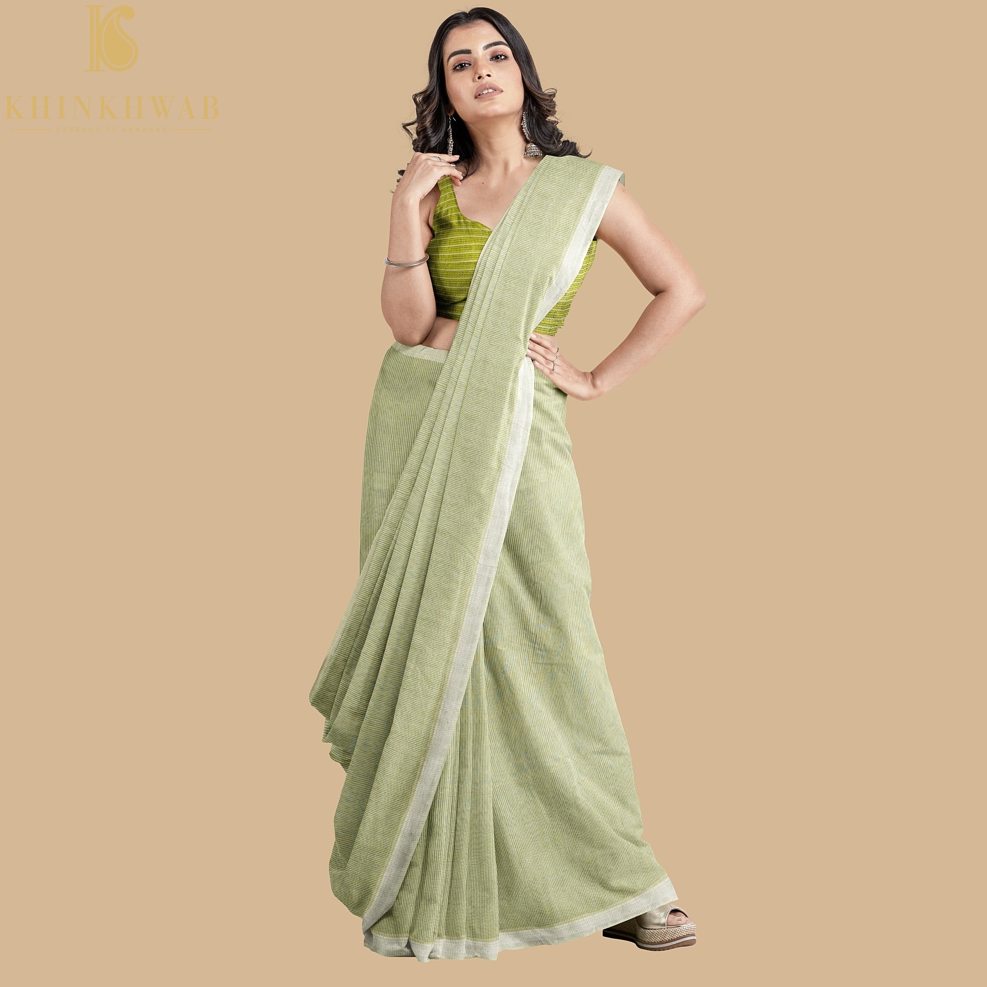 Gimblet Green Handwoven Pure Cotton Silk Maheshwari Saree - Khinkhwab