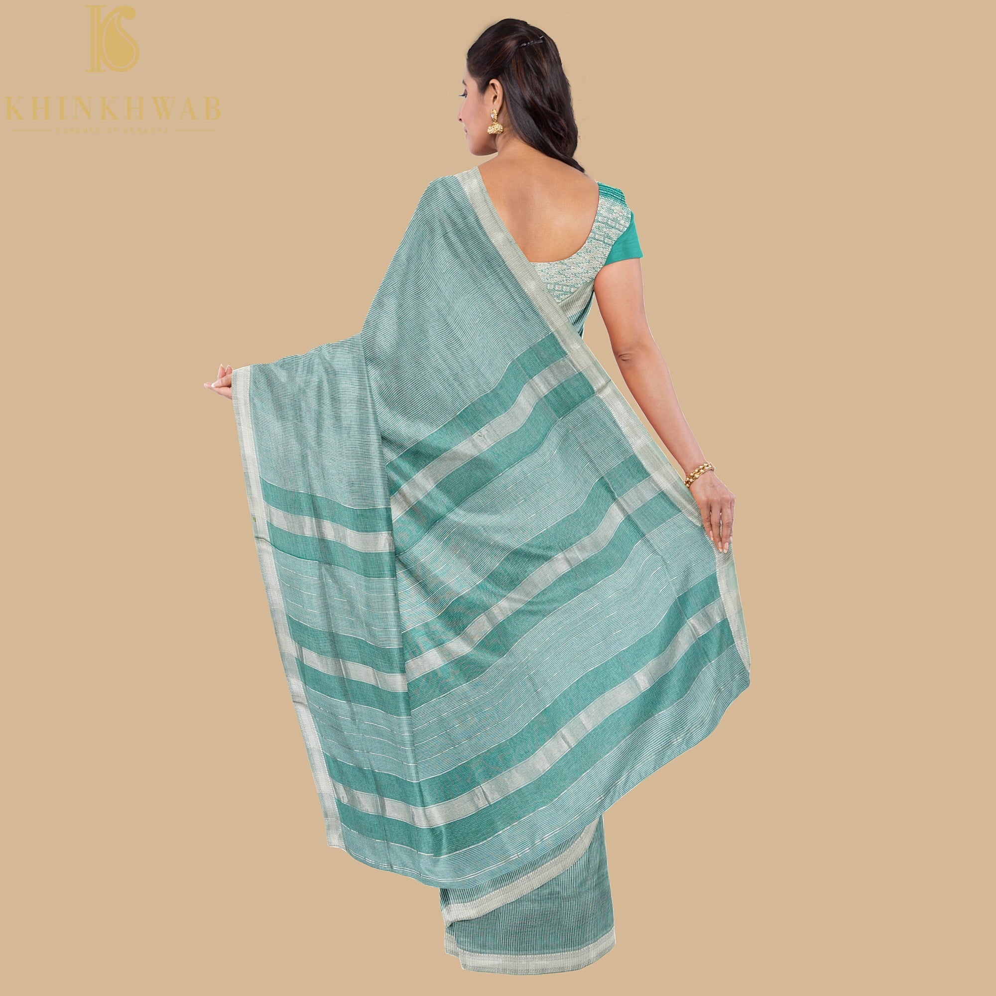 Teal Handwoven Pure Cotton Silk Maheshwari Saree - Khinkhwab