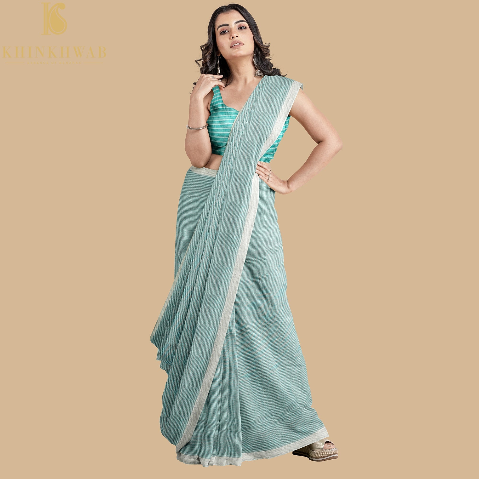 Teal Handwoven Pure Cotton Silk Maheshwari Saree - Khinkhwab