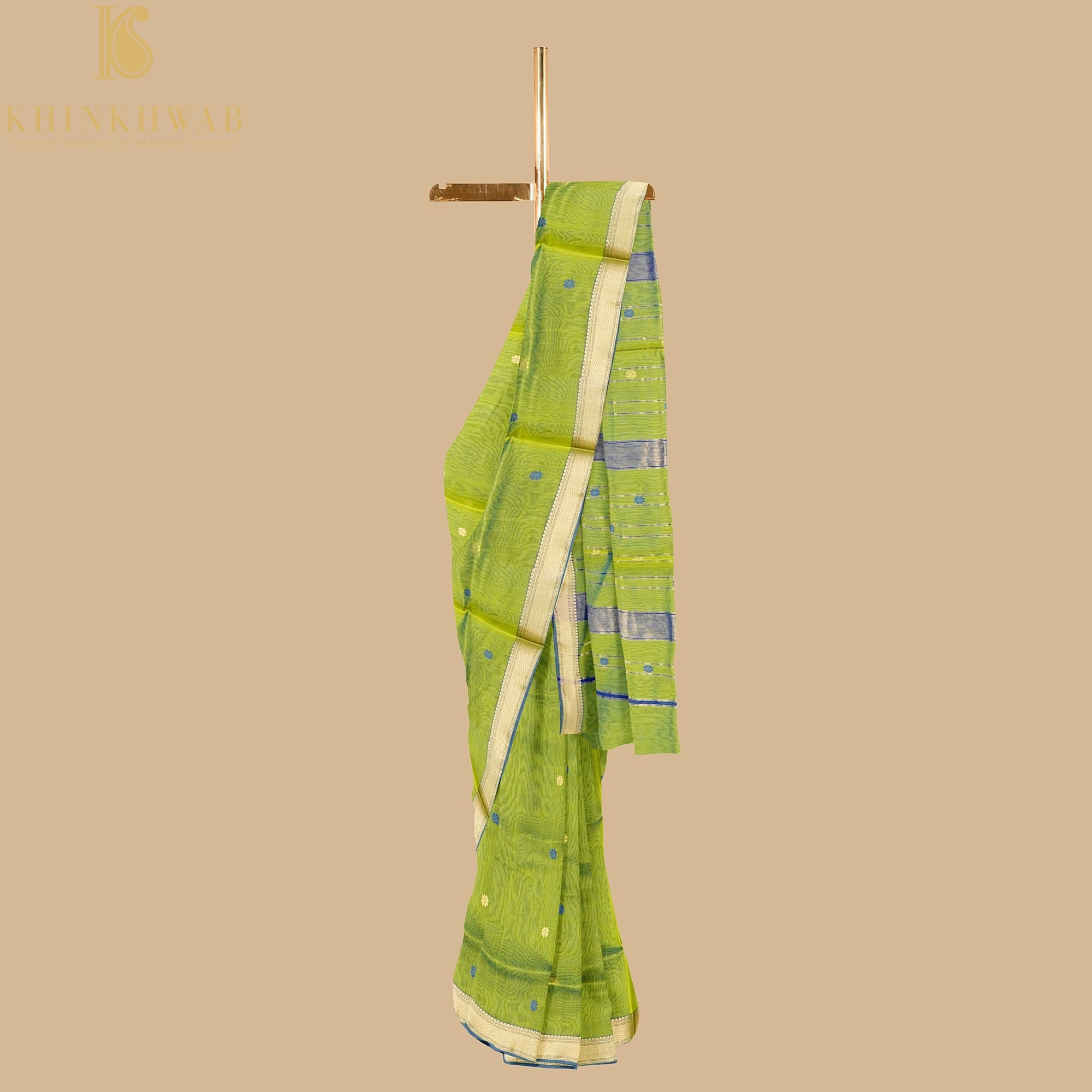 Green & Blue Handwoven Pure Cotton Silk Maheshwari Saree - Khinkhwab