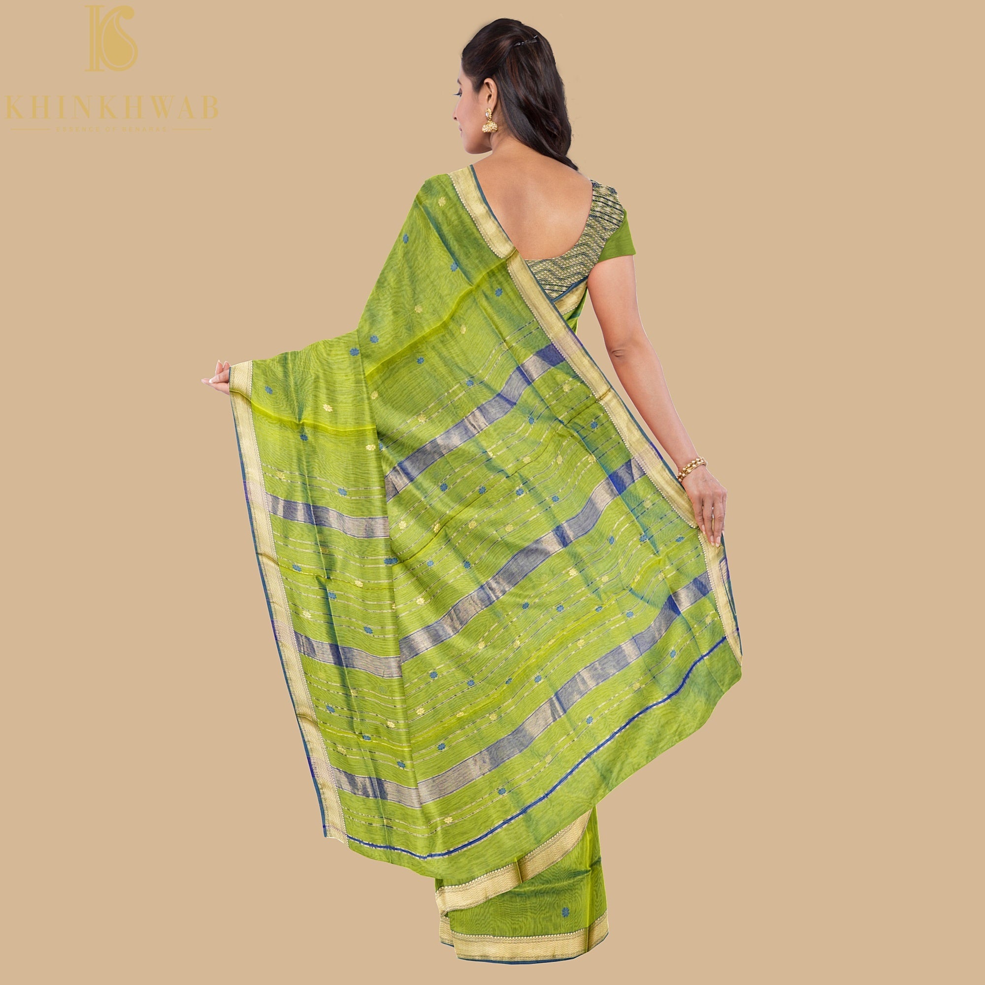 Green & Blue Handwoven Pure Cotton Silk Maheshwari Saree - Khinkhwab