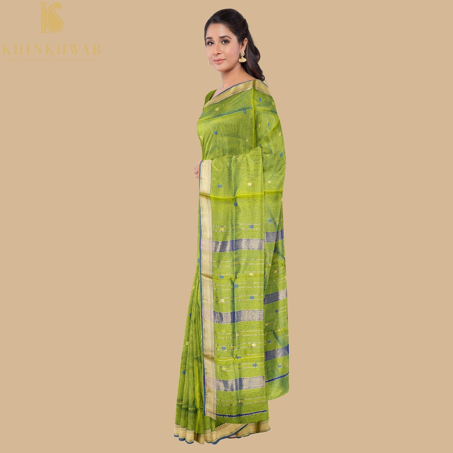 Green & Blue Handwoven Pure Cotton Silk Maheshwari Saree - Khinkhwab