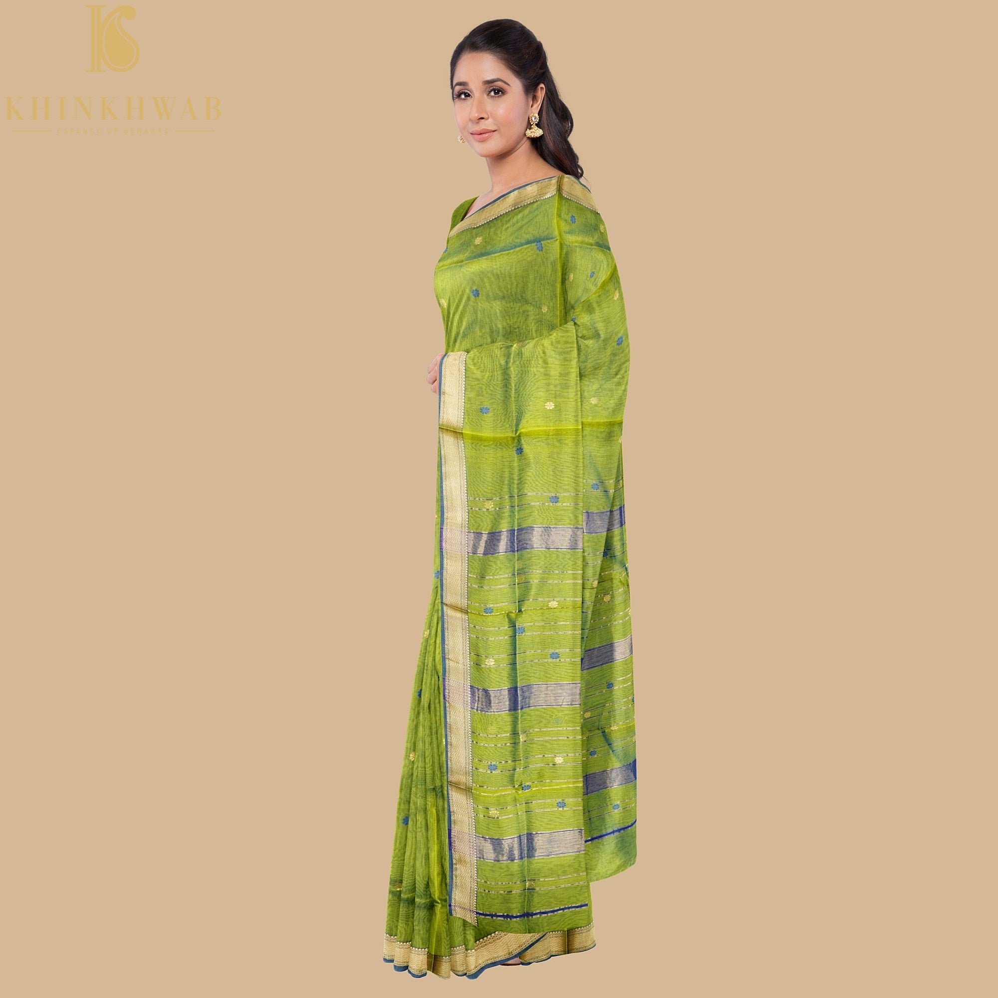 Green & Blue Handwoven Pure Cotton Silk Maheshwari Saree - Khinkhwab