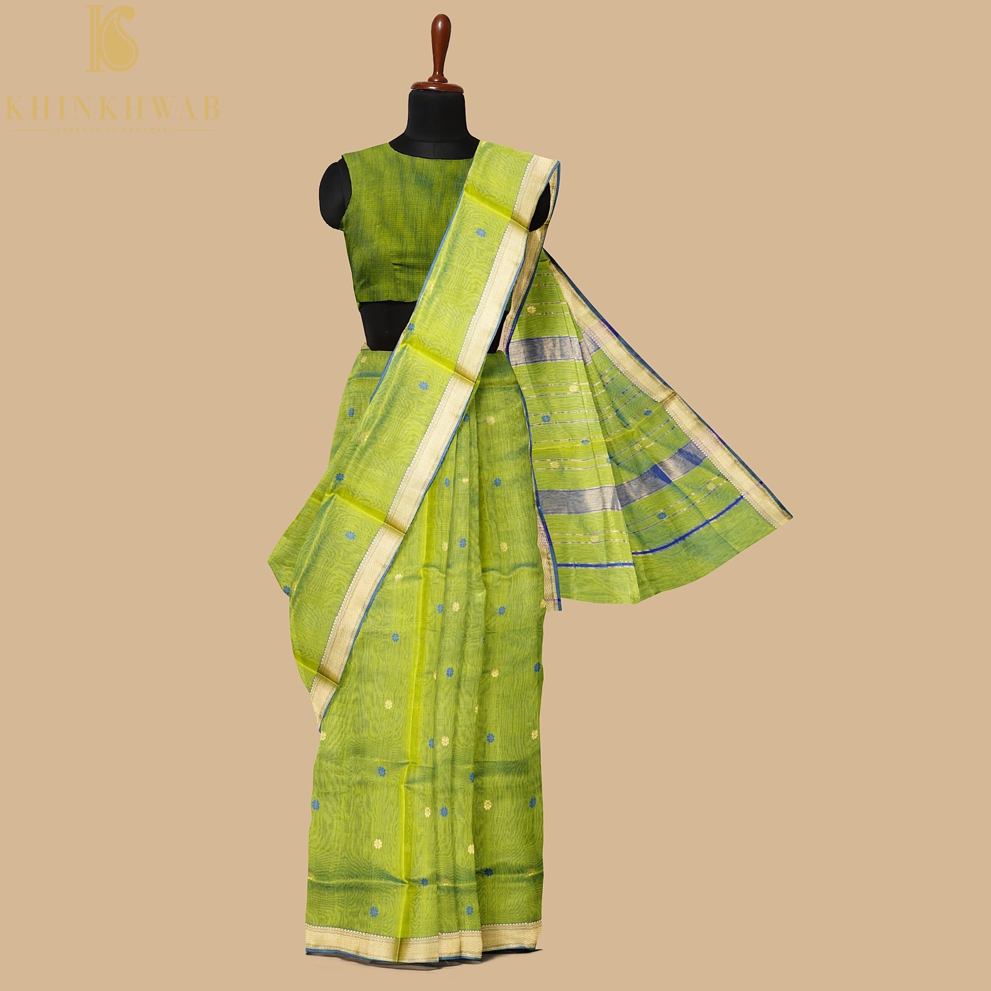 Green & Blue Handwoven Pure Cotton Silk Maheshwari Saree - Khinkhwab