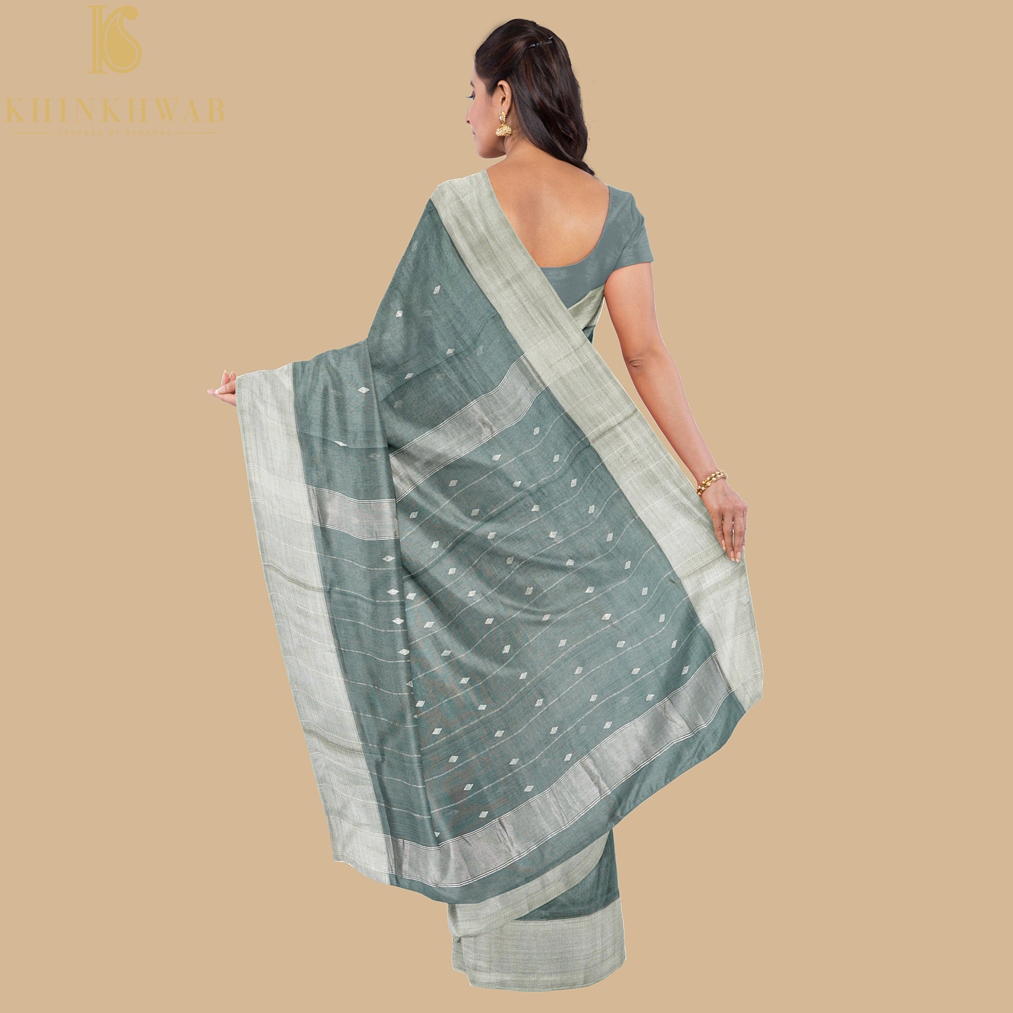 Grey Handwoven Pure Cotton Silk Maheshwari Saree - Khinkhwab