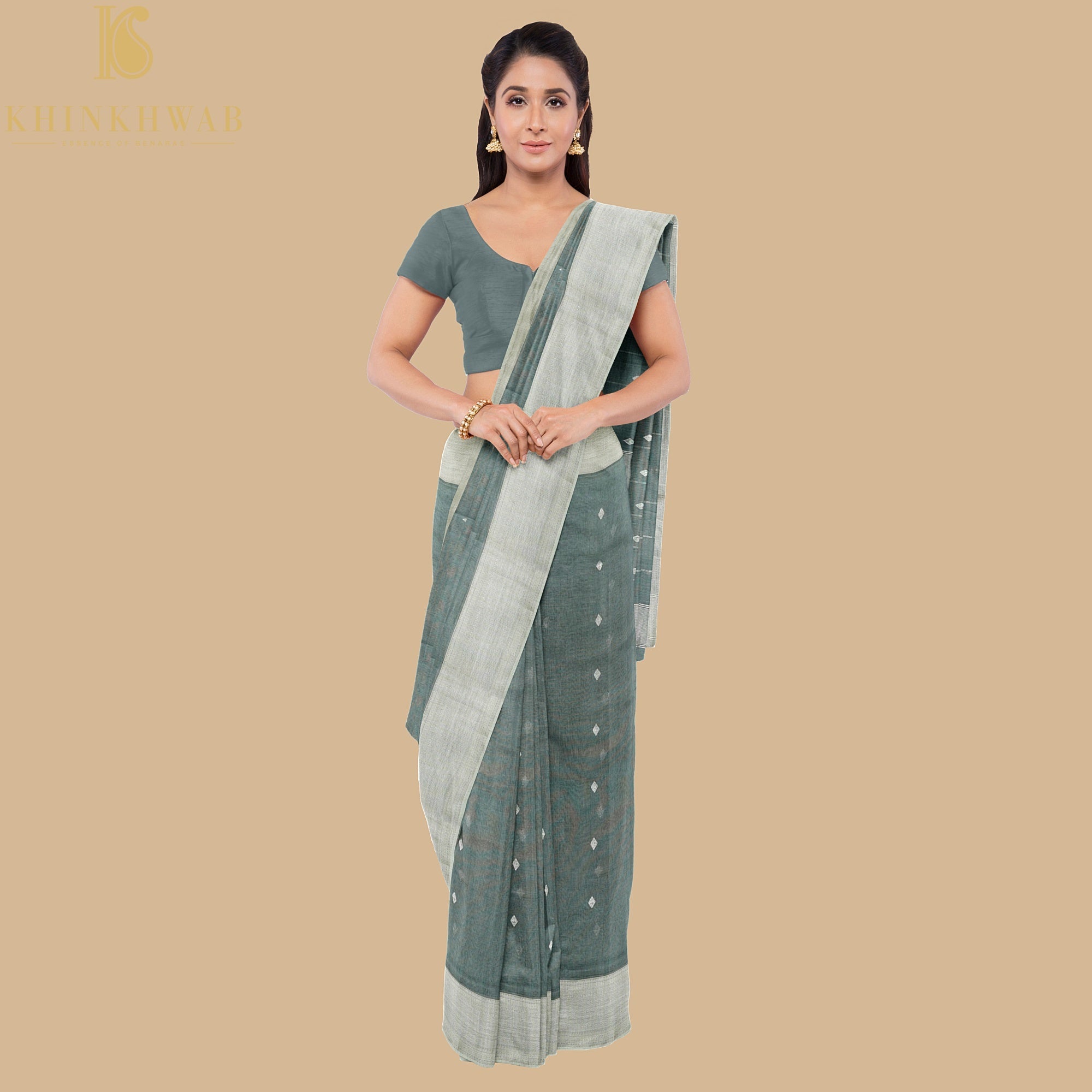 Grey Handwoven Pure Cotton Silk Maheshwari Saree - Khinkhwab