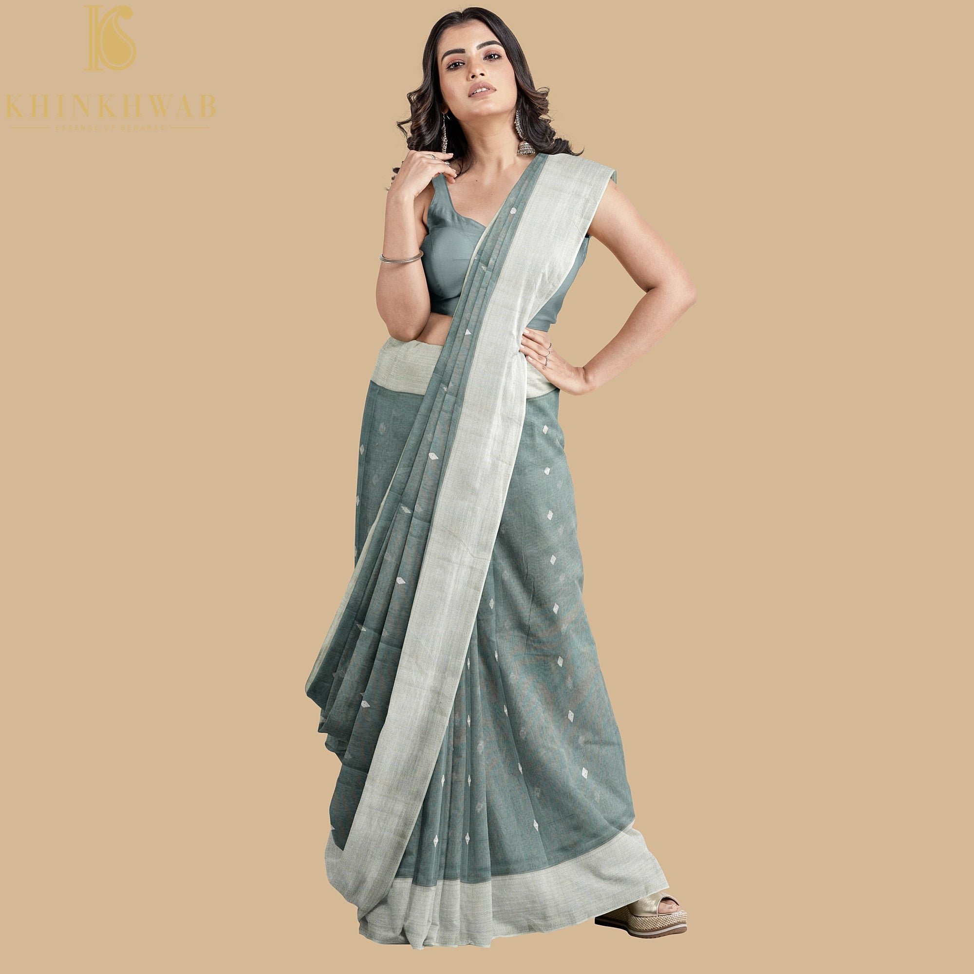 Grey Handwoven Pure Cotton Silk Maheshwari Saree - Khinkhwab