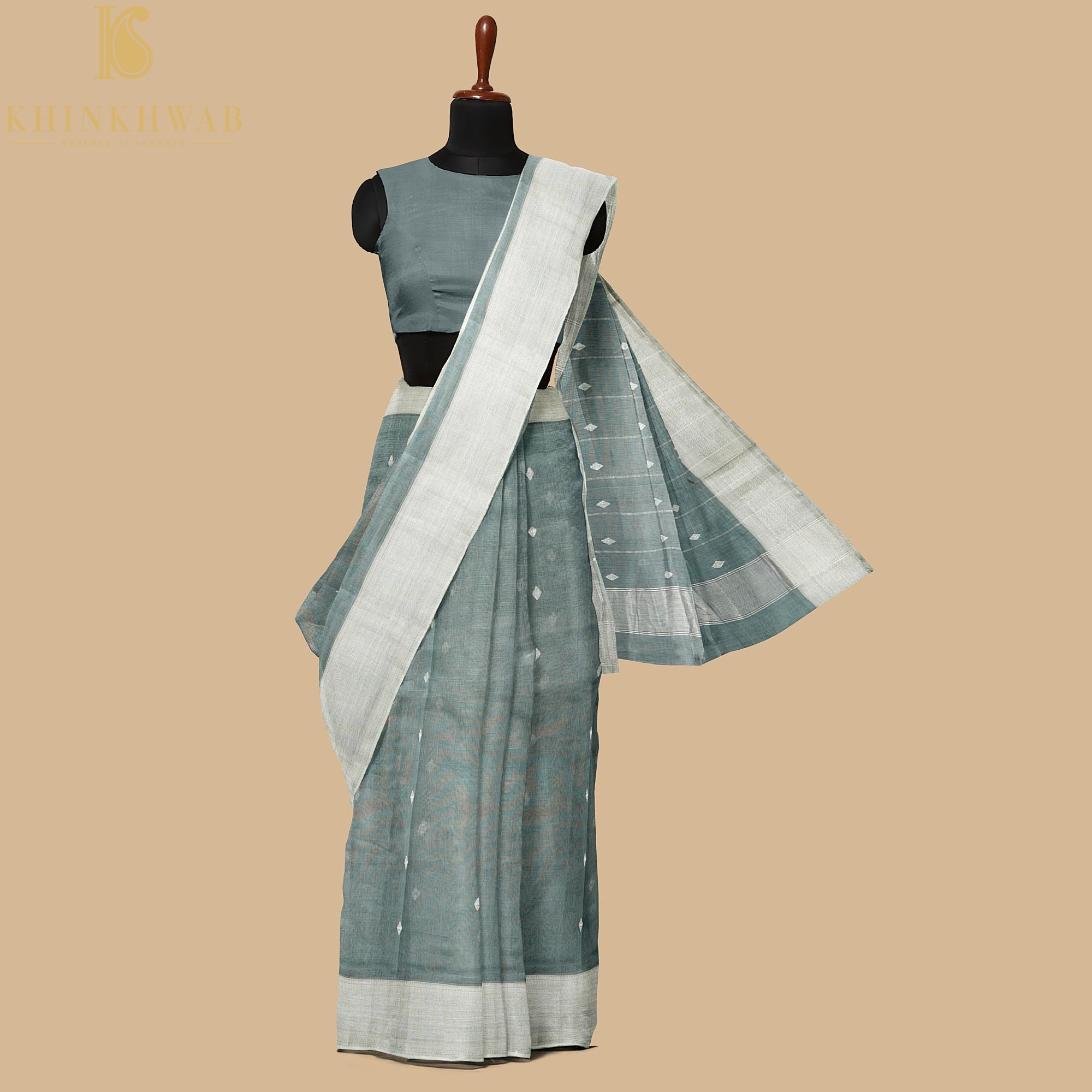 Grey Handwoven Pure Cotton Silk Maheshwari Saree - Khinkhwab