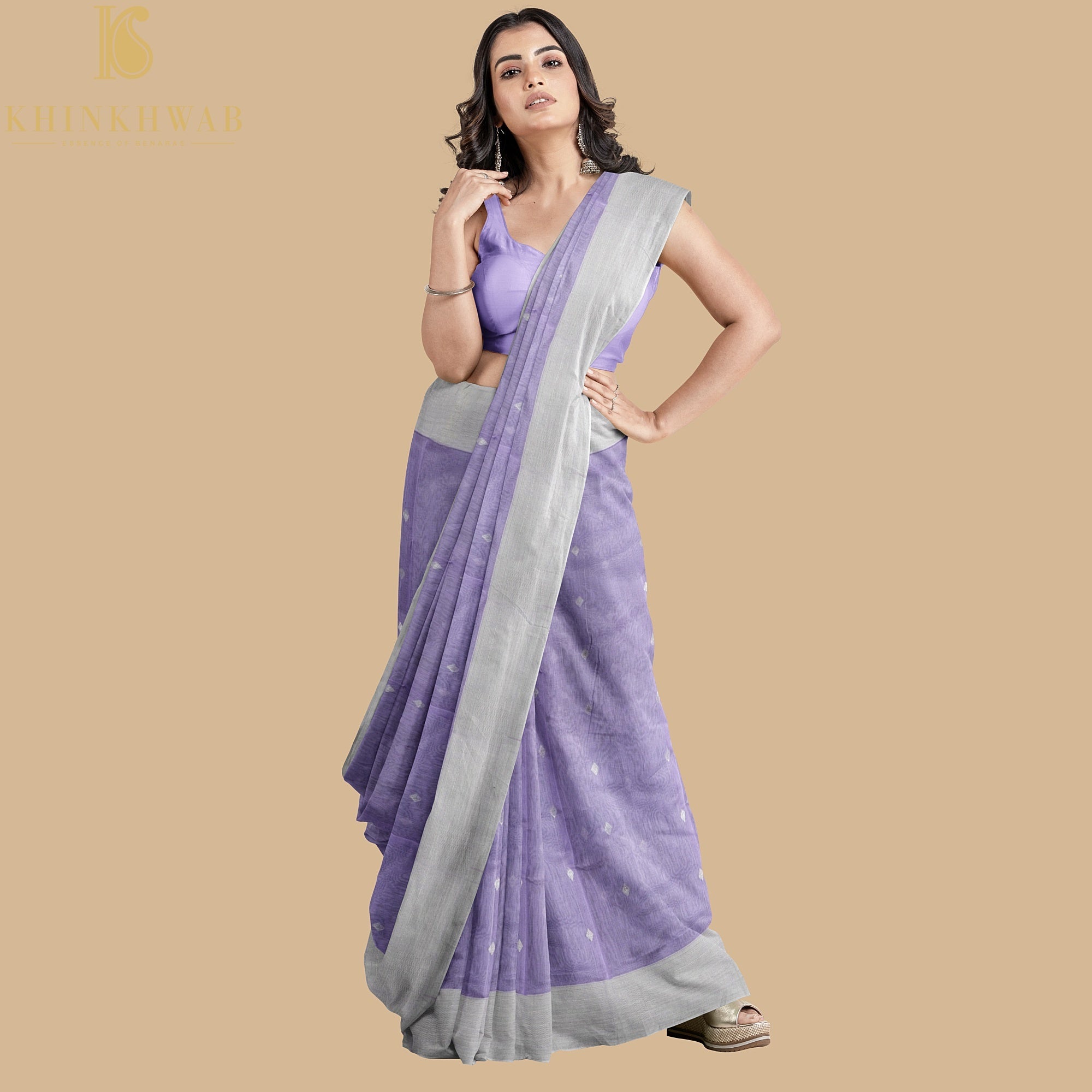 Lavendar Handwoven Pure Cotton Silk Maheshwari Saree - Khinkhwab