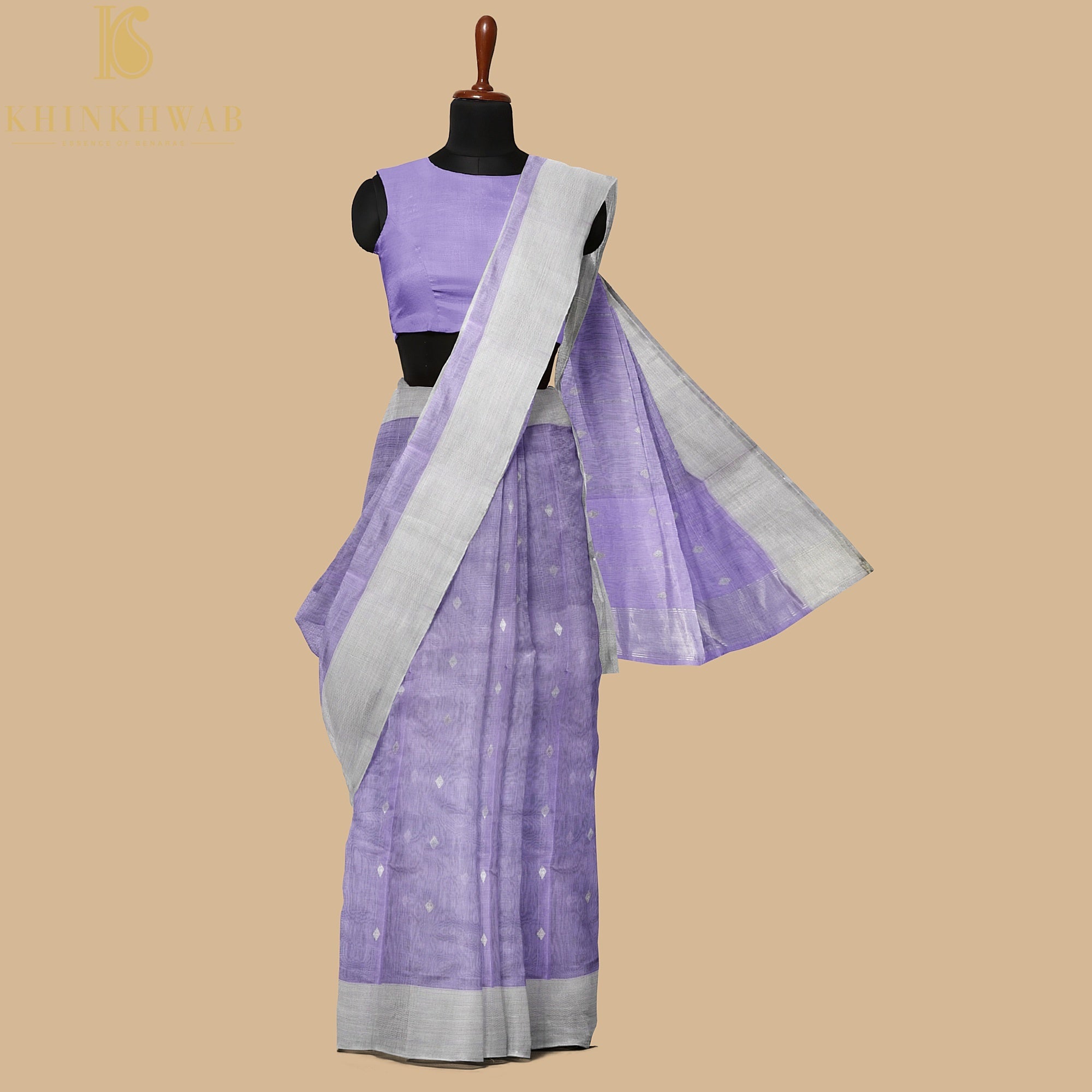 Lavendar Handwoven Pure Cotton Silk Maheshwari Saree - Khinkhwab