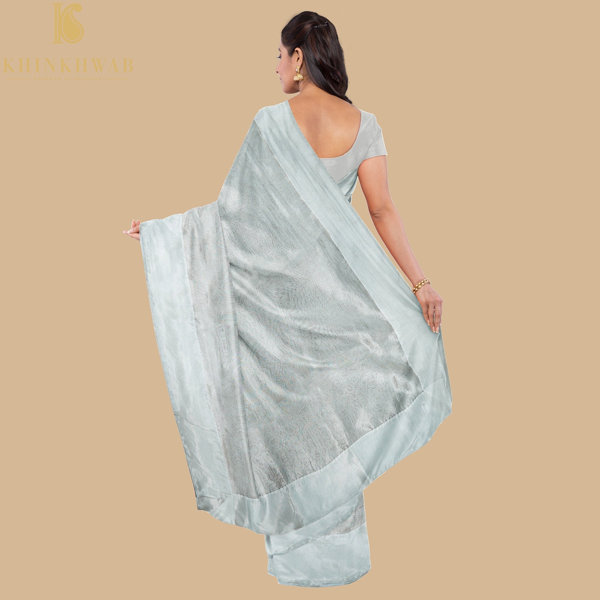 Gull Grey Handwoven Pure Cotton Silk Maheshwari Saree - Khinkhwab