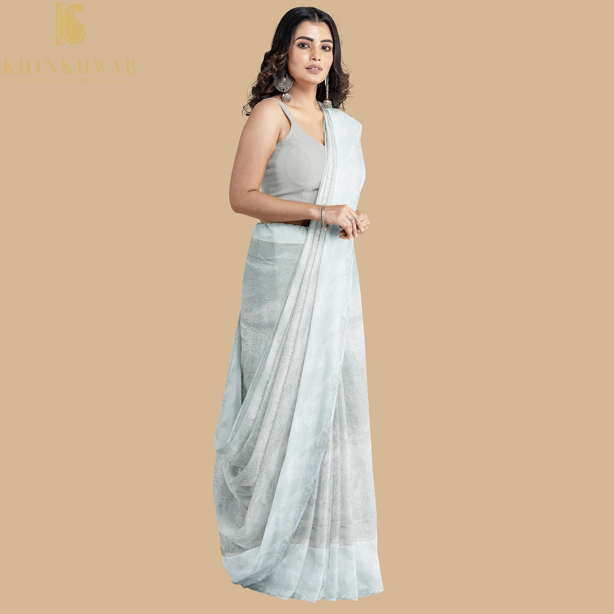 Gull Grey Handwoven Pure Cotton Silk Maheshwari Saree - Khinkhwab