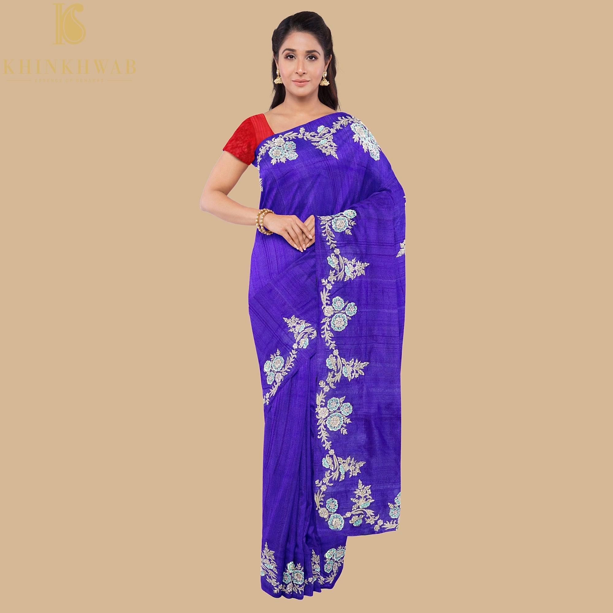 Blue Handloom Pure Tussar Silk Resham Embroidery Saree - Khinkhwab