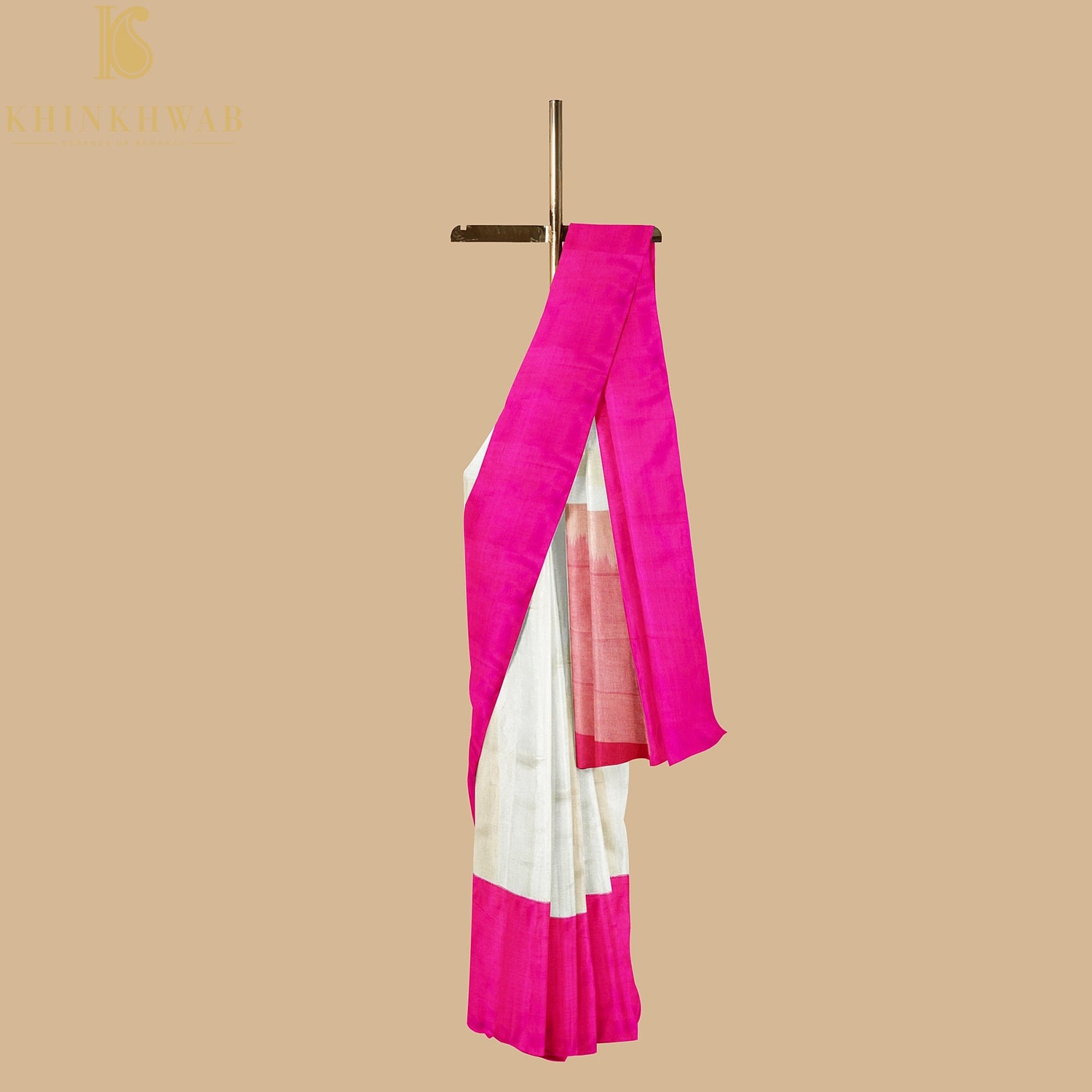 White & Pink Pure Cotton Stripes Handloom Banarasi Silk Border Saree - Khinkhwab