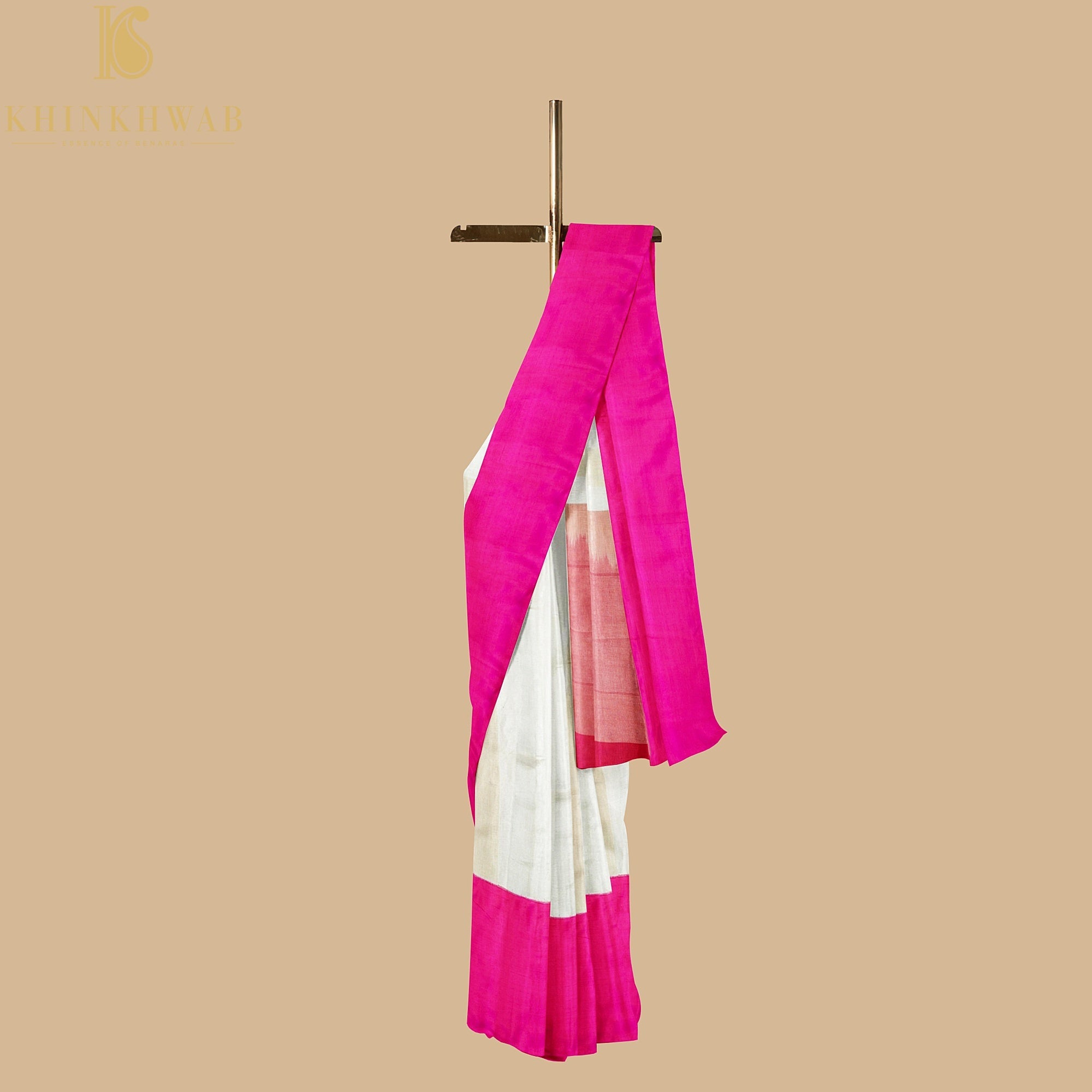 White & Pink Pure Cotton Stripes Handloom Banarasi Silk Border Saree - Khinkhwab