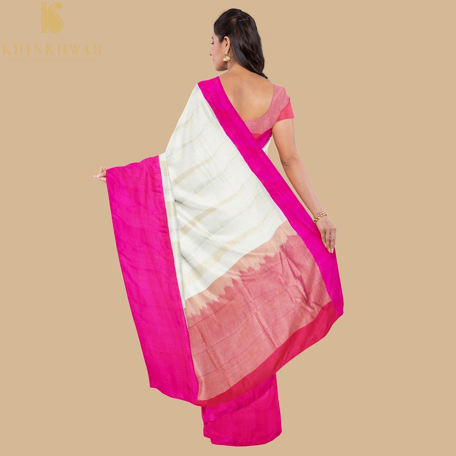 White & Pink Pure Cotton Stripes Handloom Banarasi Silk Border Saree - Khinkhwab