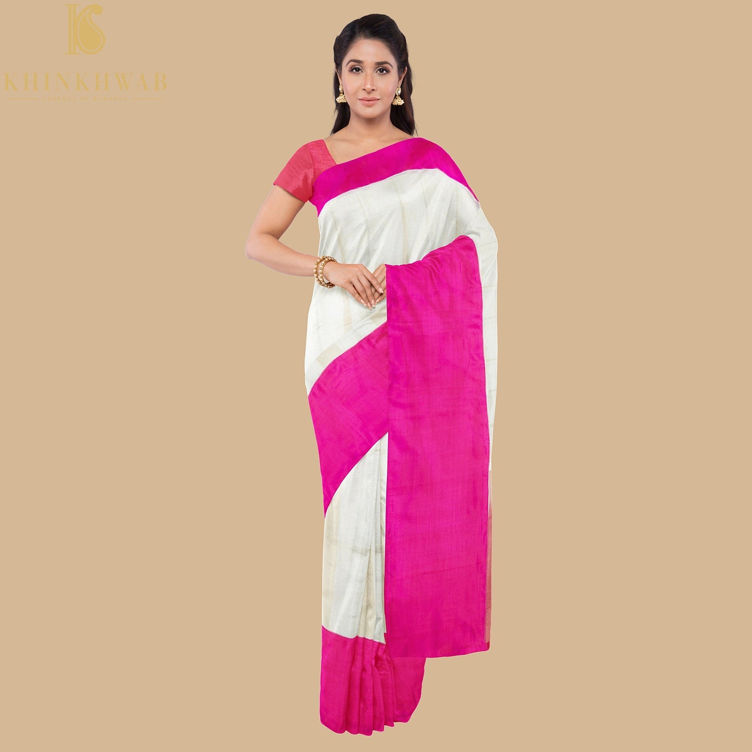 White & Pink Pure Cotton Stripes Handloom Banarasi Silk Border Saree - Khinkhwab