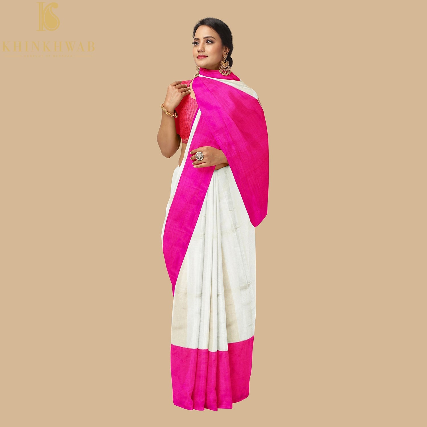 White & Pink Pure Cotton Stripes Handloom Banarasi Silk Border Saree - Khinkhwab
