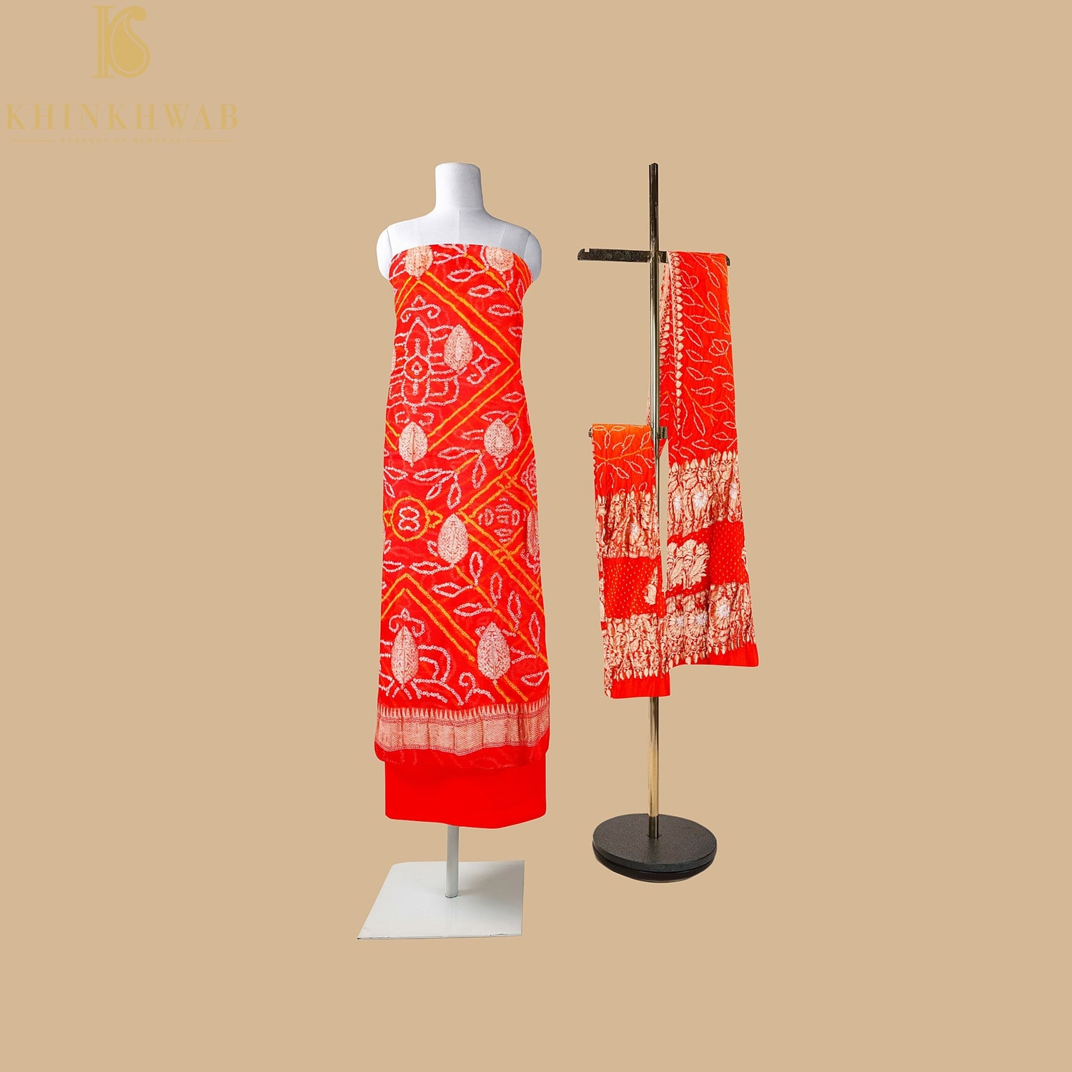 Red Georgette Handloom Banarasi Bandhani Suit Fabric - Khinkhwab