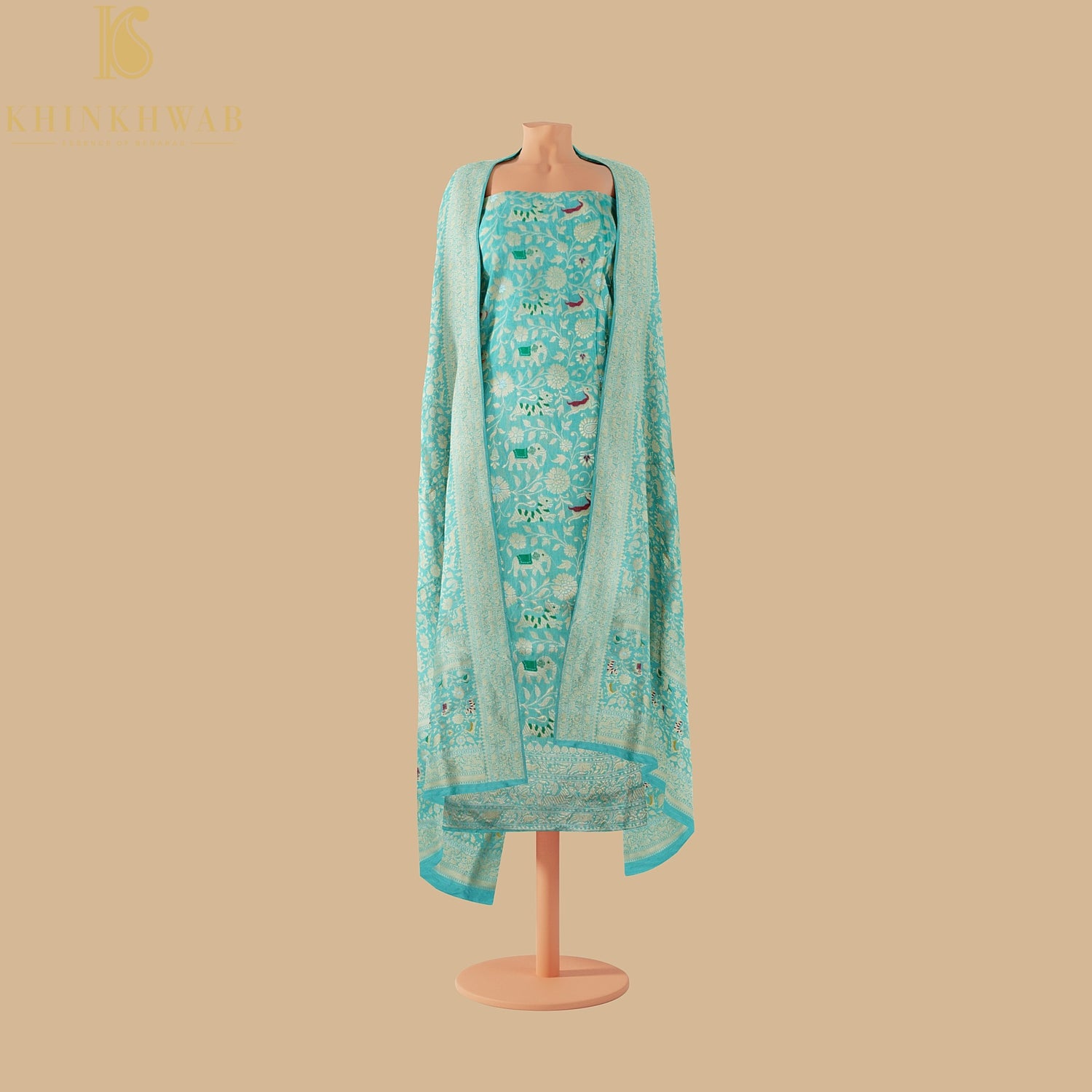 Downy Green Handloom Pure Katan Silk Pink Banarasi Bird Suit & Dupatta Set - Khinkhwab