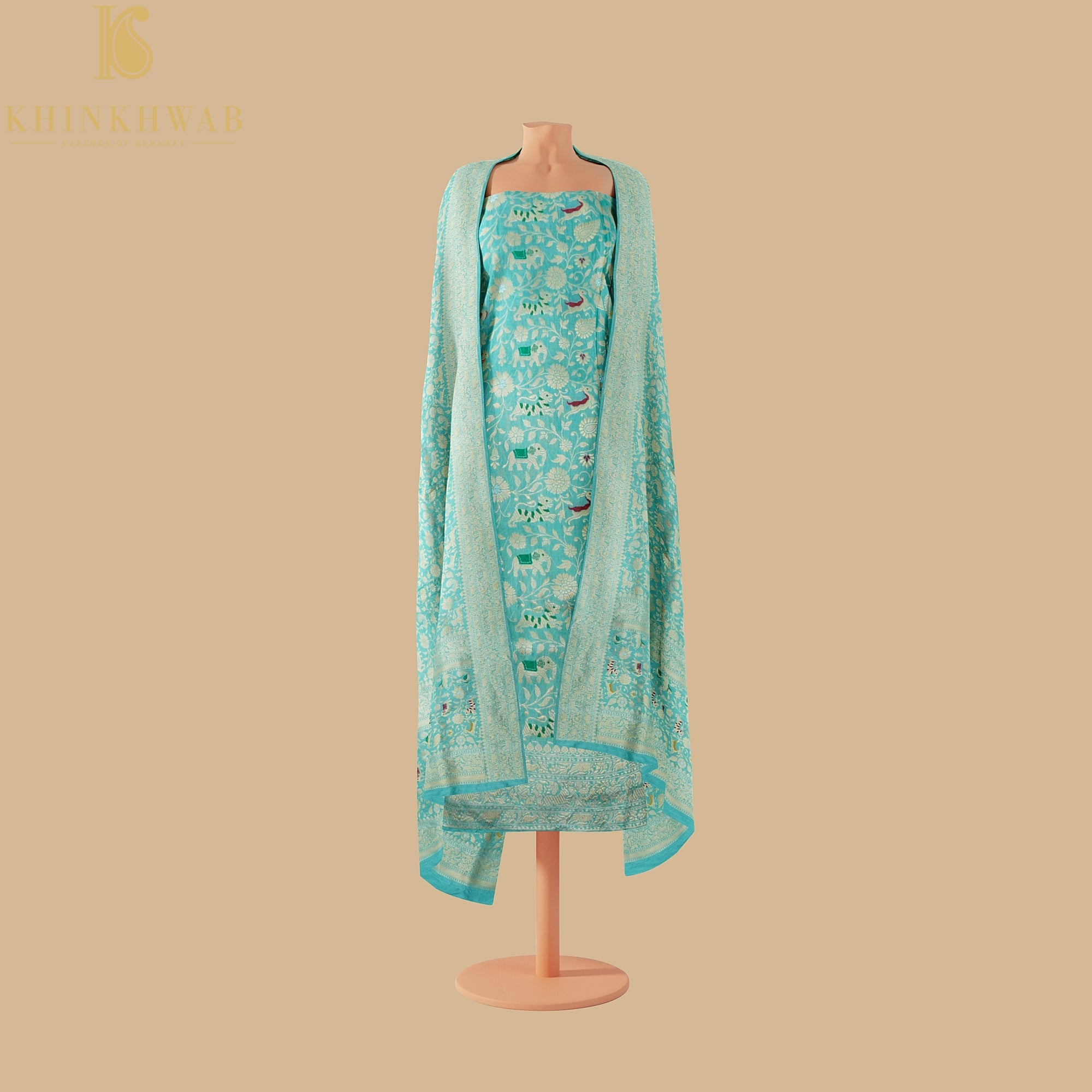 Downy Green Handloom Pure Katan Silk Pink Banarasi Bird Suit & Dupatta Set - Khinkhwab
