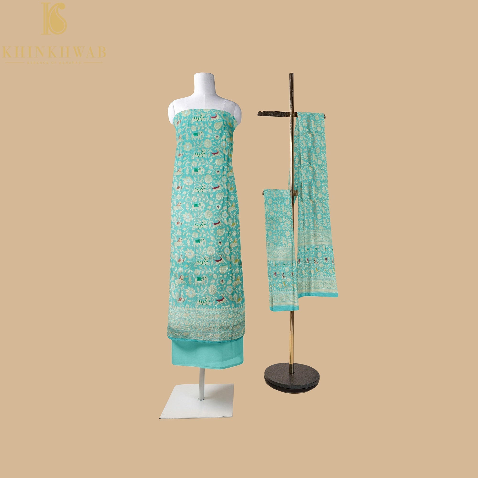Downy Green Handloom Pure Katan Silk Pink Banarasi Bird Suit & Dupatta Set - Khinkhwab