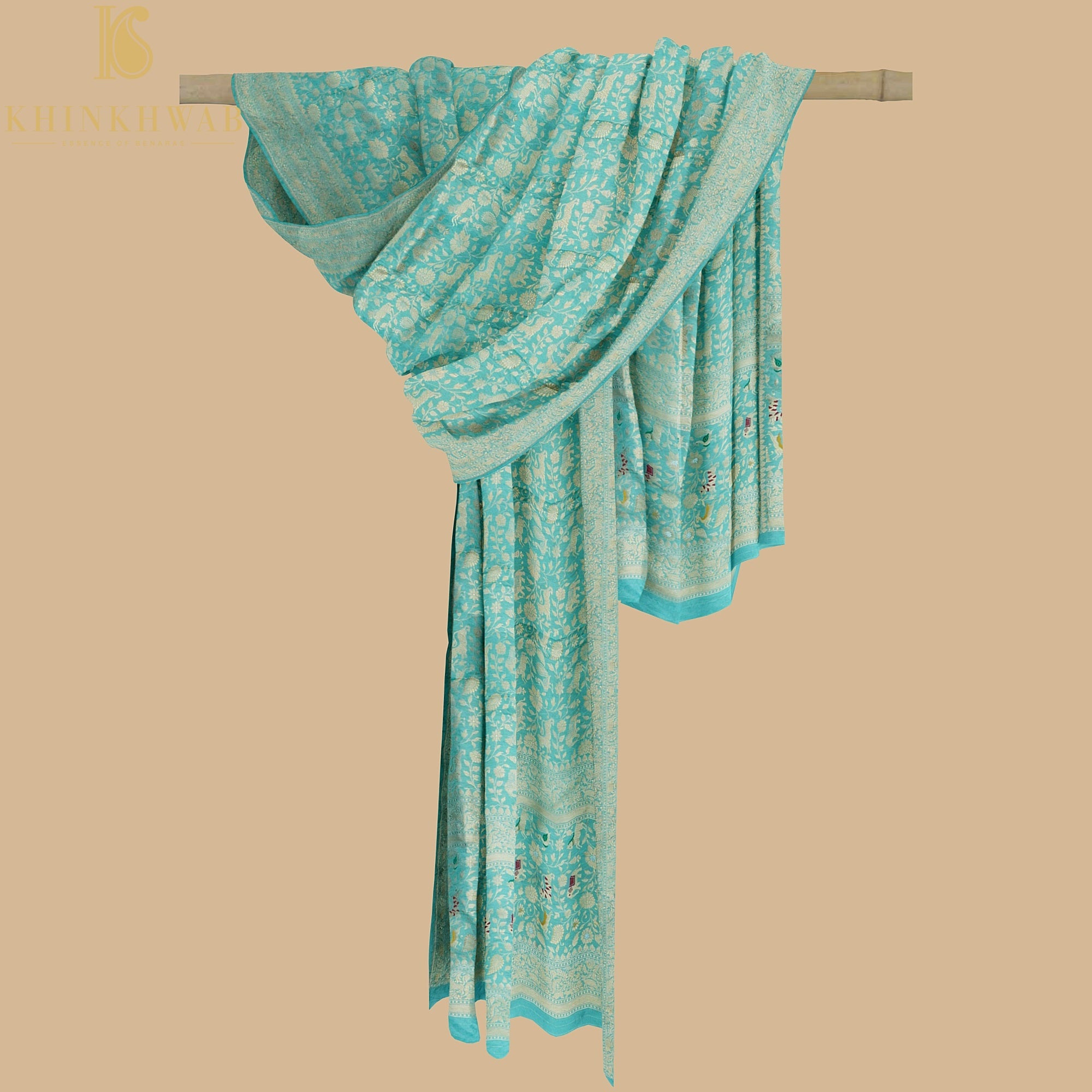 Downy Green Handloom Pure Katan Silk Pink Banarasi Bird Suit & Dupatta Set - Khinkhwab