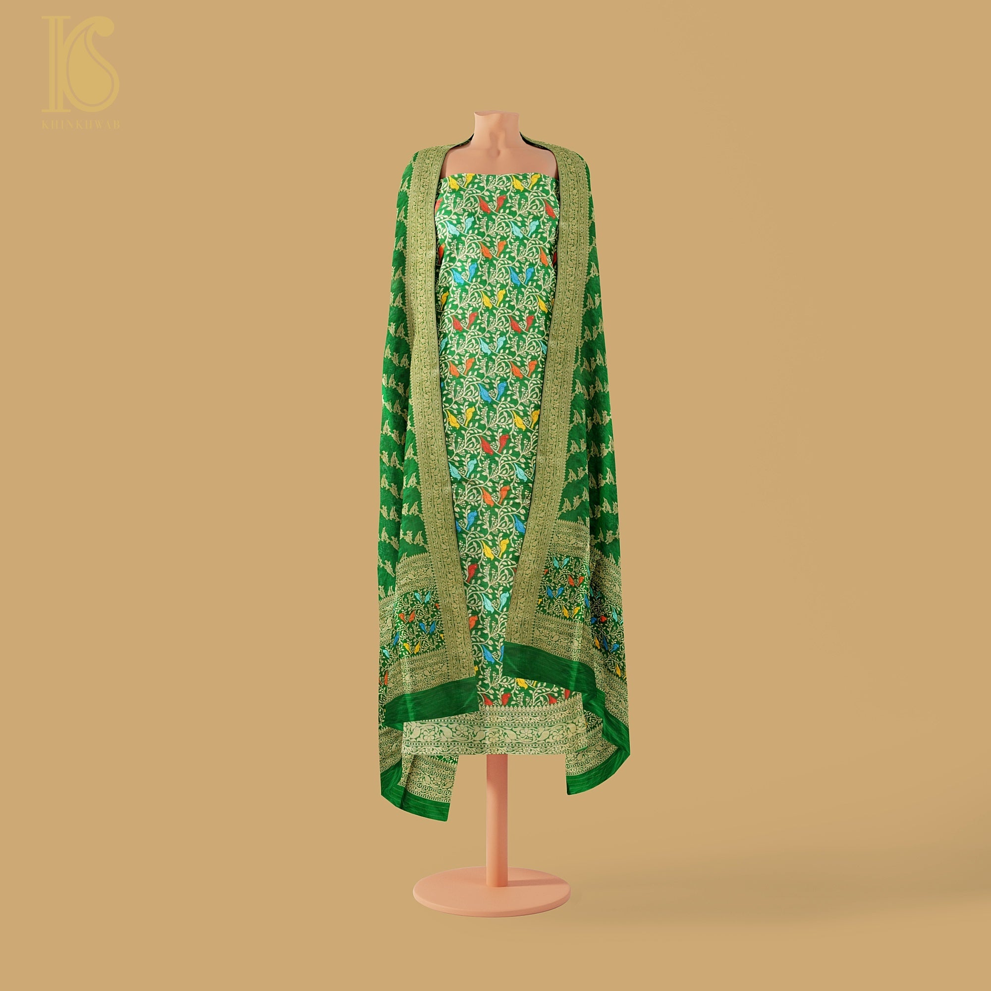 Spring Green Handloom Pure Katan Silk Pink Banarasi Suit & Dupatta Set - Khinkhwab