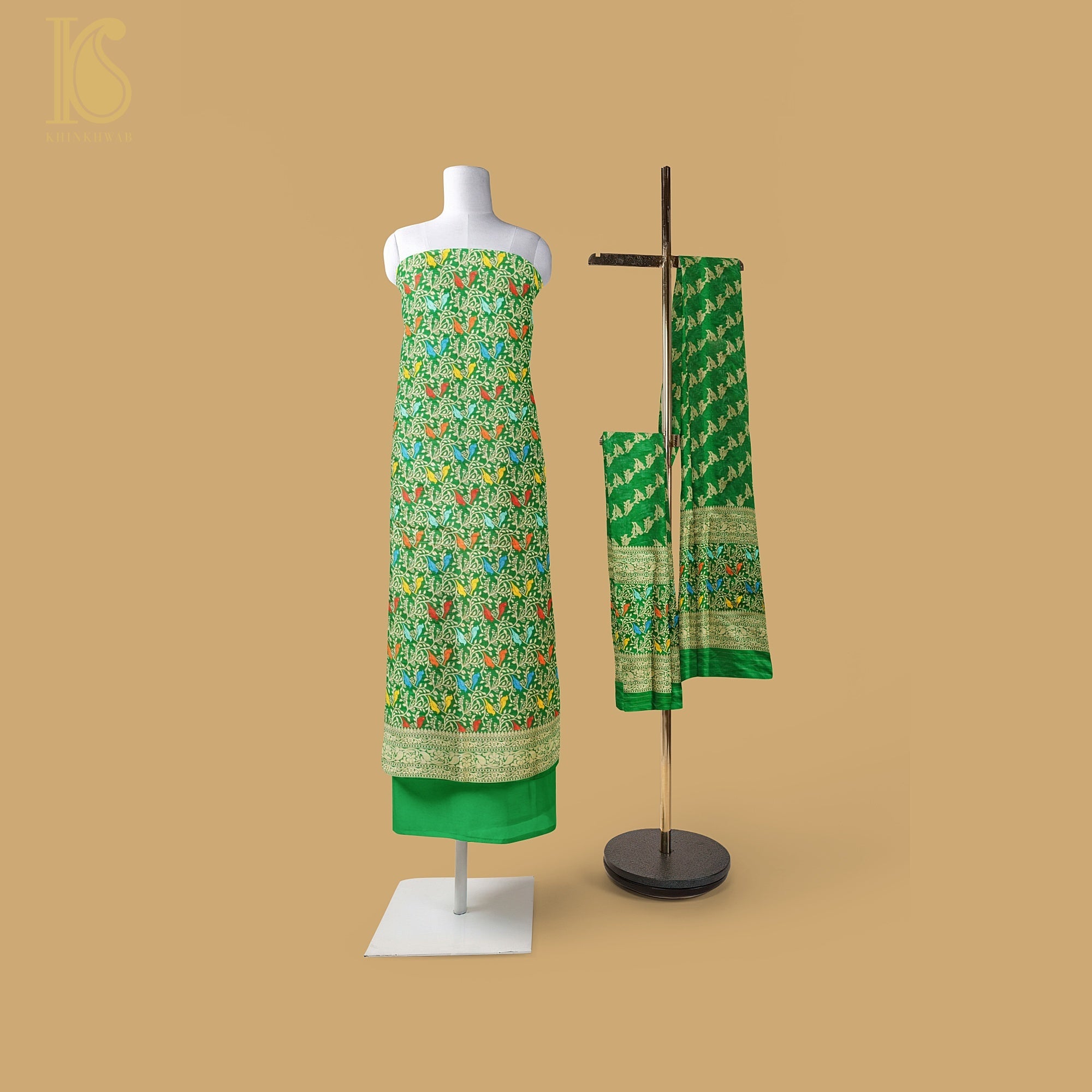 Spring Green Handloom Pure Katan Silk Pink Banarasi Suit & Dupatta Set - Khinkhwab