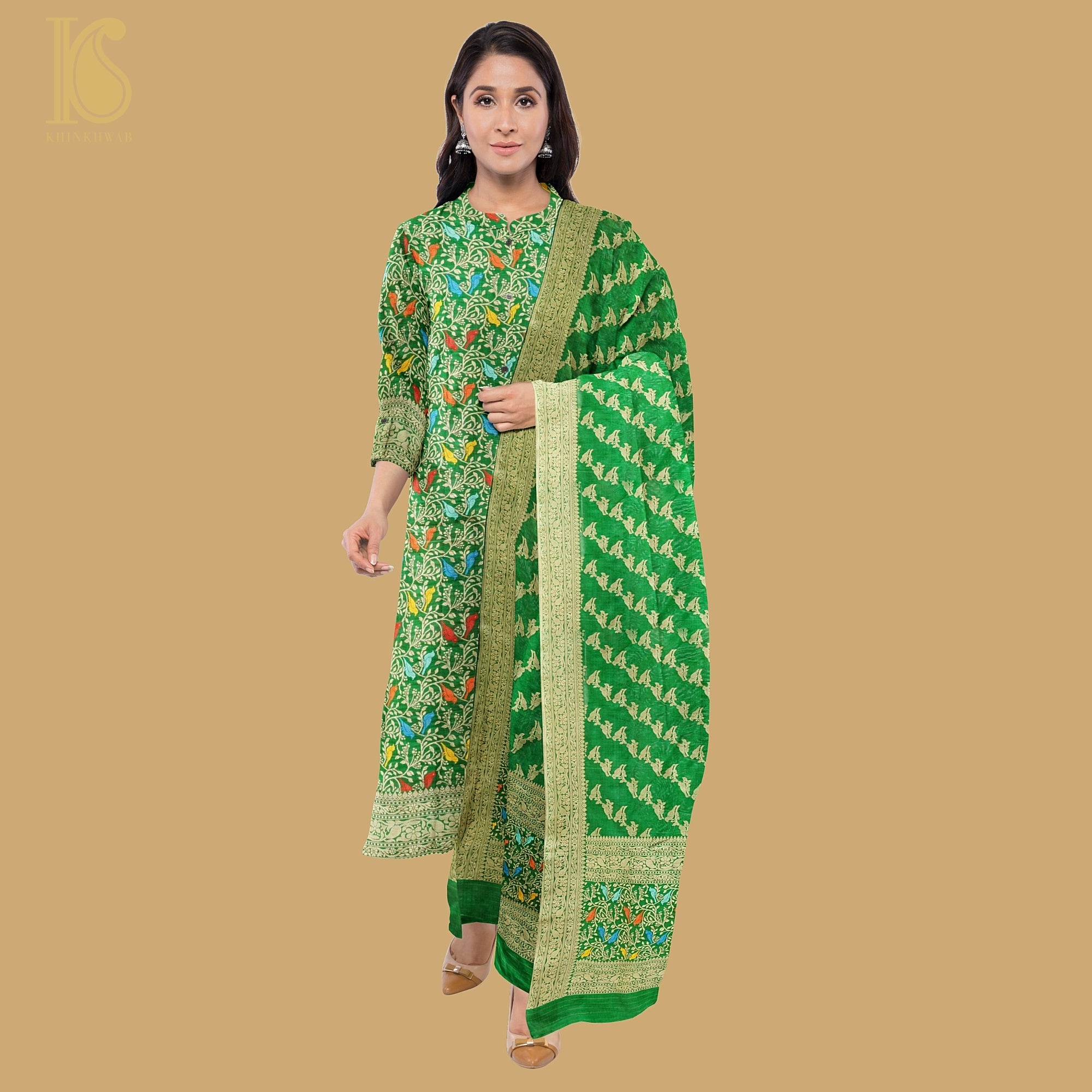 Spring Green Handloom Pure Katan Silk Pink Banarasi Suit & Dupatta Set - Khinkhwab