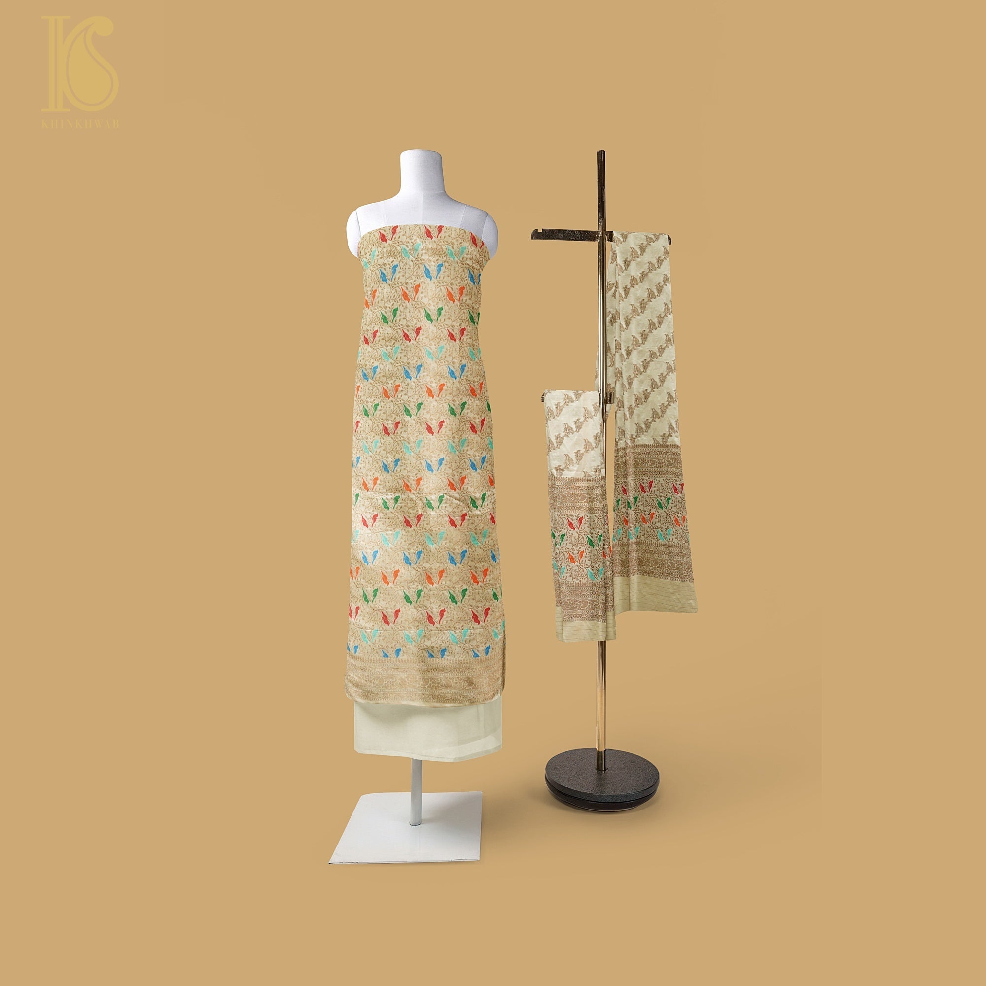 Beige Handloom Pure Katan Silk Pink Banarasi Suit & Dupatta Set - Khinkhwab
