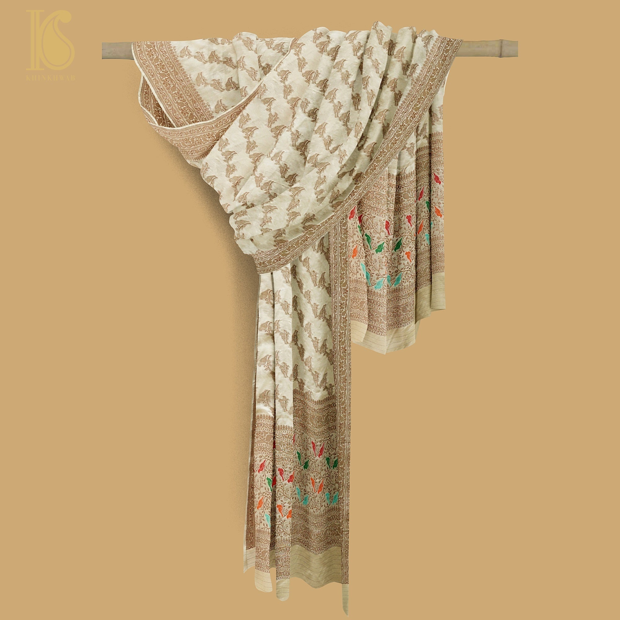 Beige Handloom Pure Katan Silk Pink Banarasi Suit & Dupatta Set - Khinkhwab