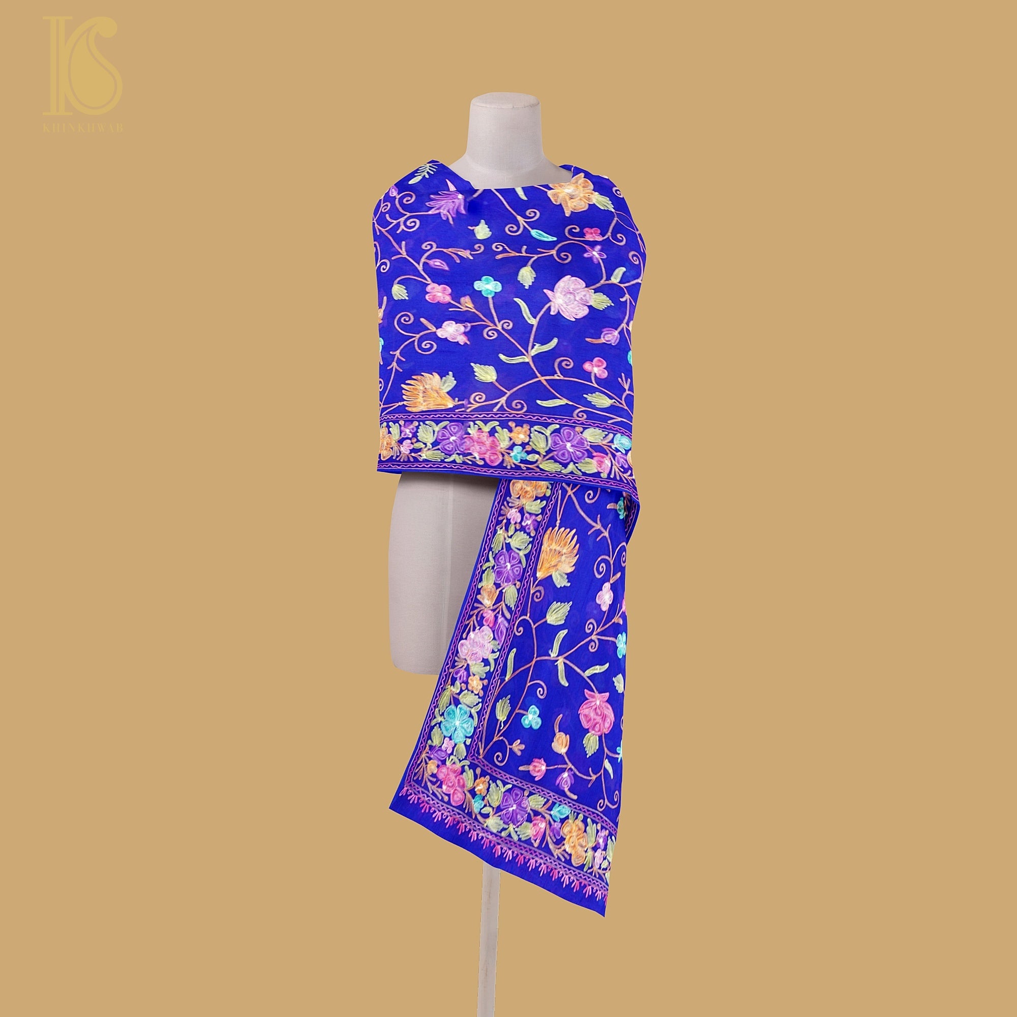 Blue Pure Georgette Aari Work Kashmiri Dupatta - Khinkhwab