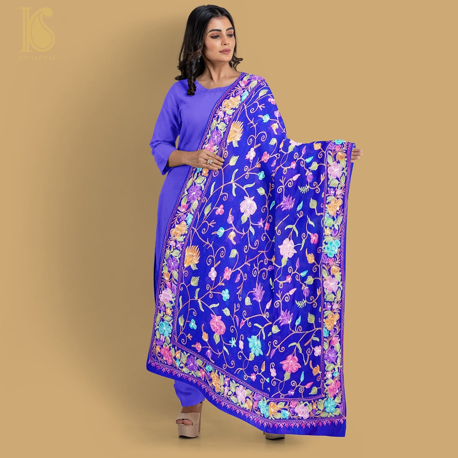 Blue Pure Georgette Aari Work Kashmiri Dupatta - Khinkhwab