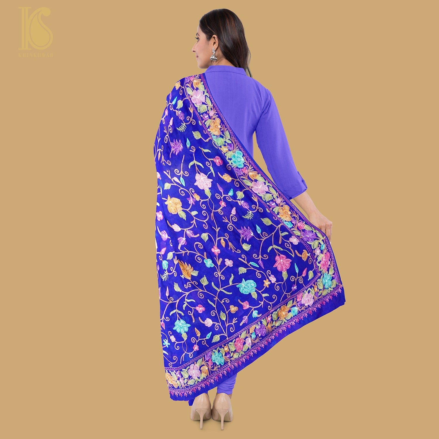 Blue Pure Georgette Aari Work Kashmiri Dupatta - Khinkhwab
