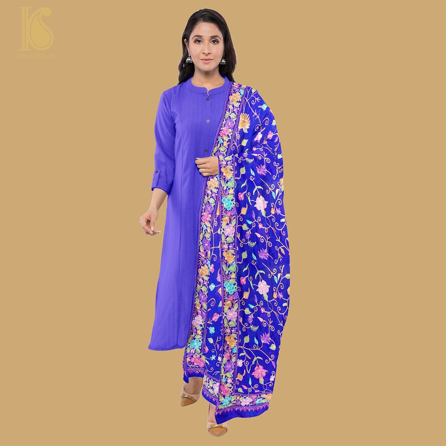 Blue Pure Georgette Aari Work Kashmiri Dupatta - Khinkhwab