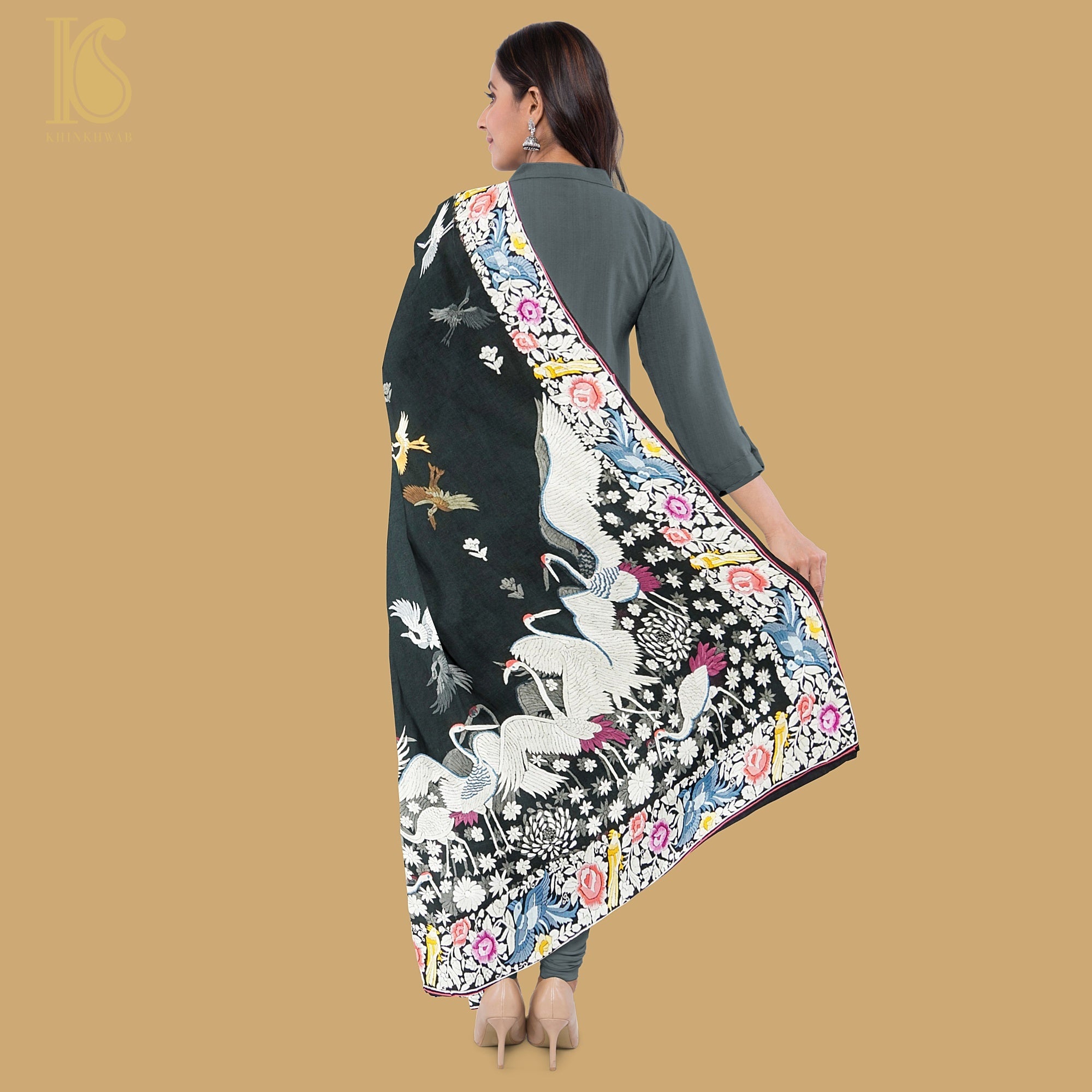 Black Handcrafted Parsi Gara Pure Georgette Swan Dupatta - Khinkhwab