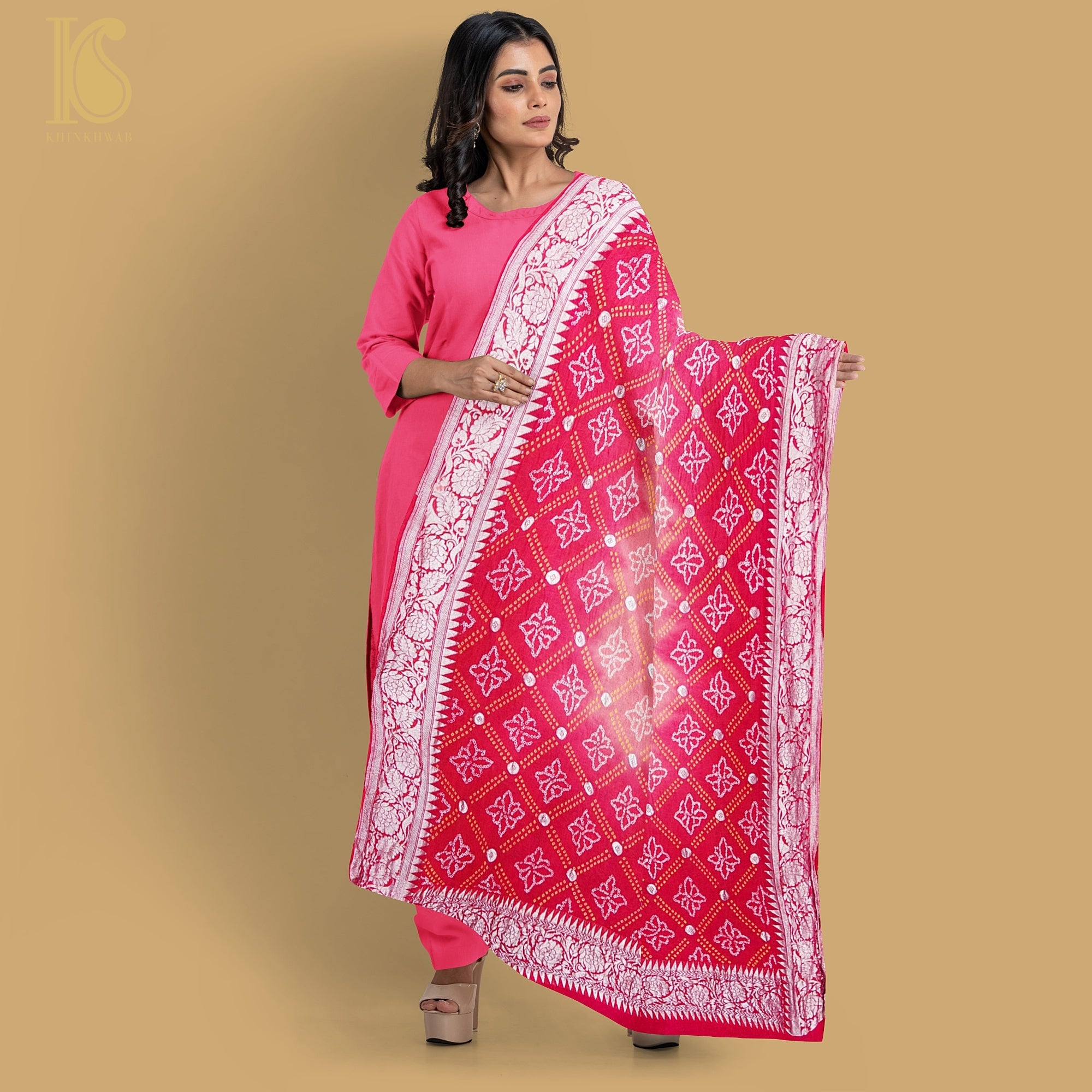 Crimson Red Georgette Banarasi Handloom Baarik Bandhani Dupatta - Khinkhwab
