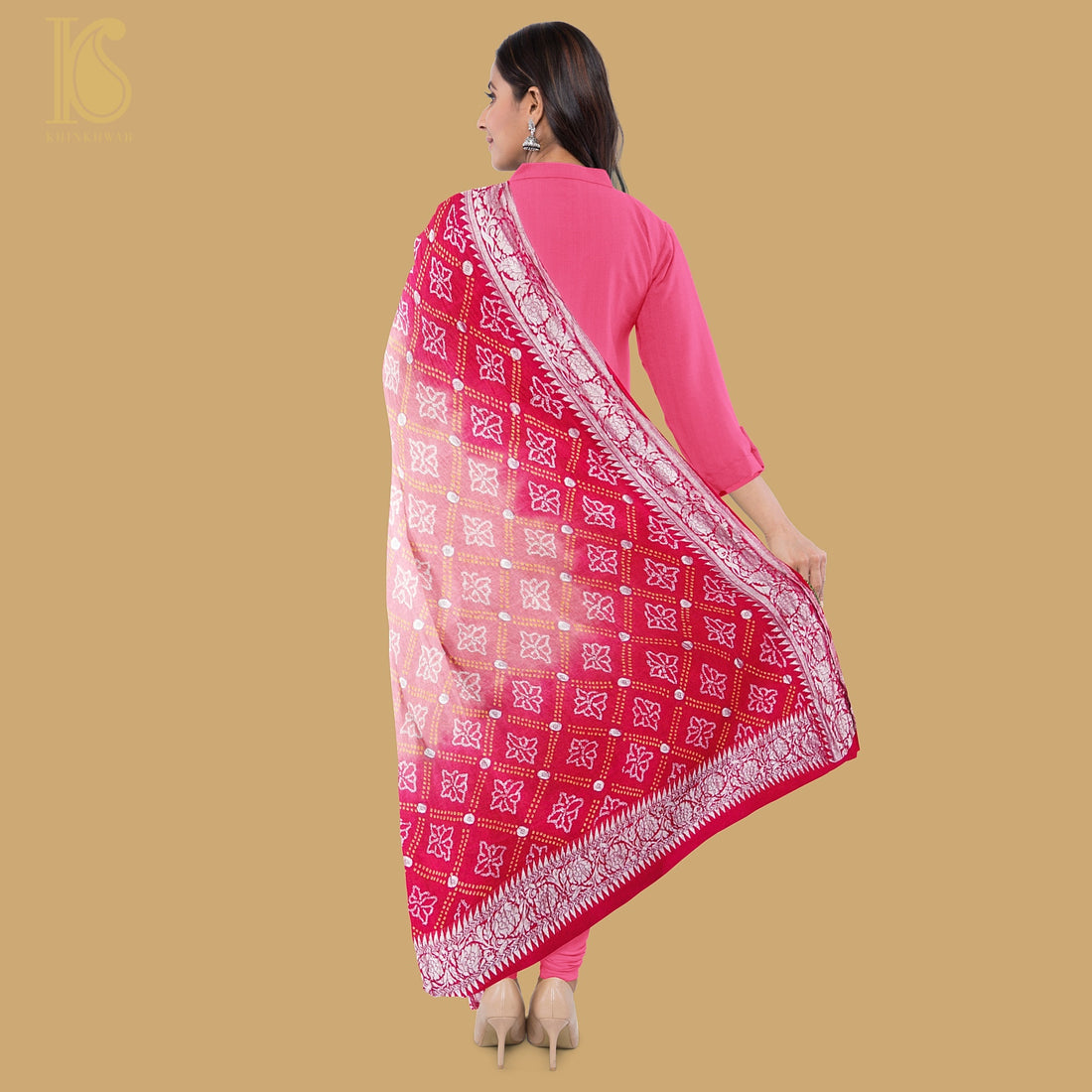Crimson Red Georgette Banarasi Handloom Baarik Bandhani Dupatta - Khinkhwab