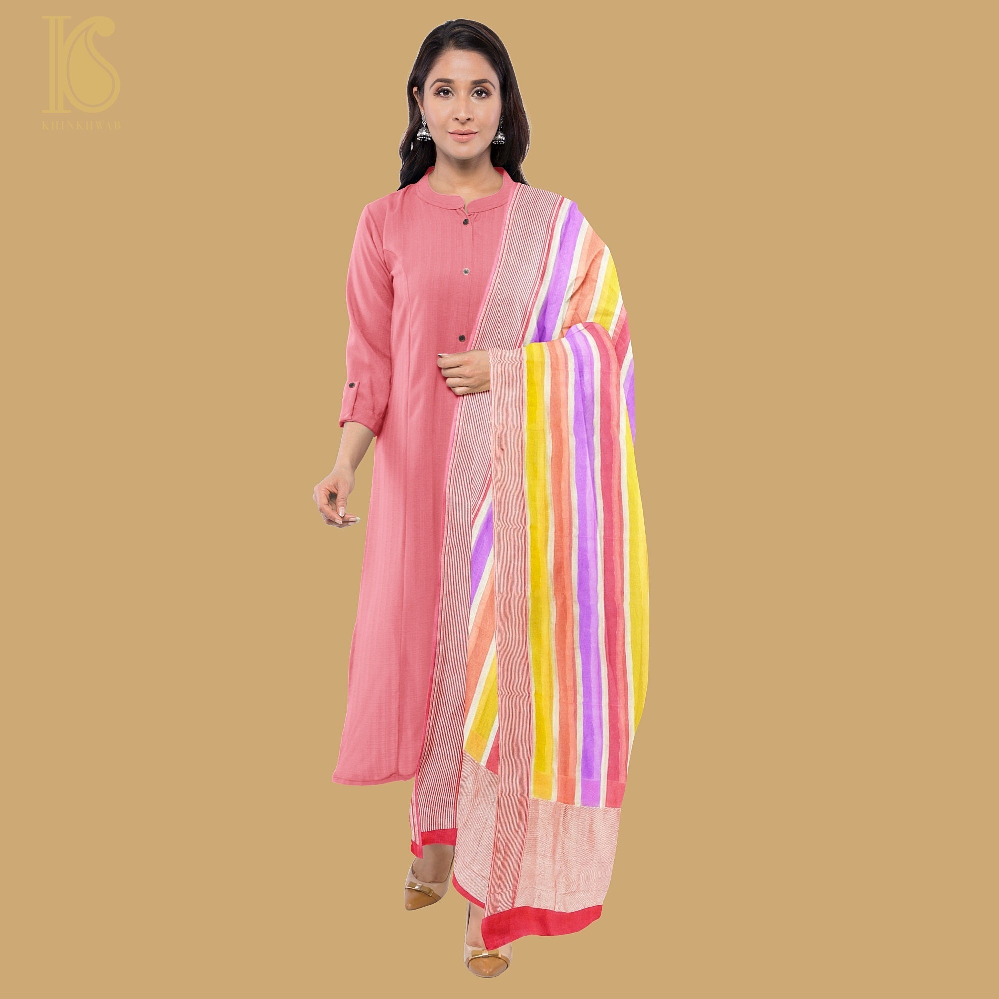 Brick Red Pure Georgette Handloom Banarasi Stripes Dupatta - Khinkhwab