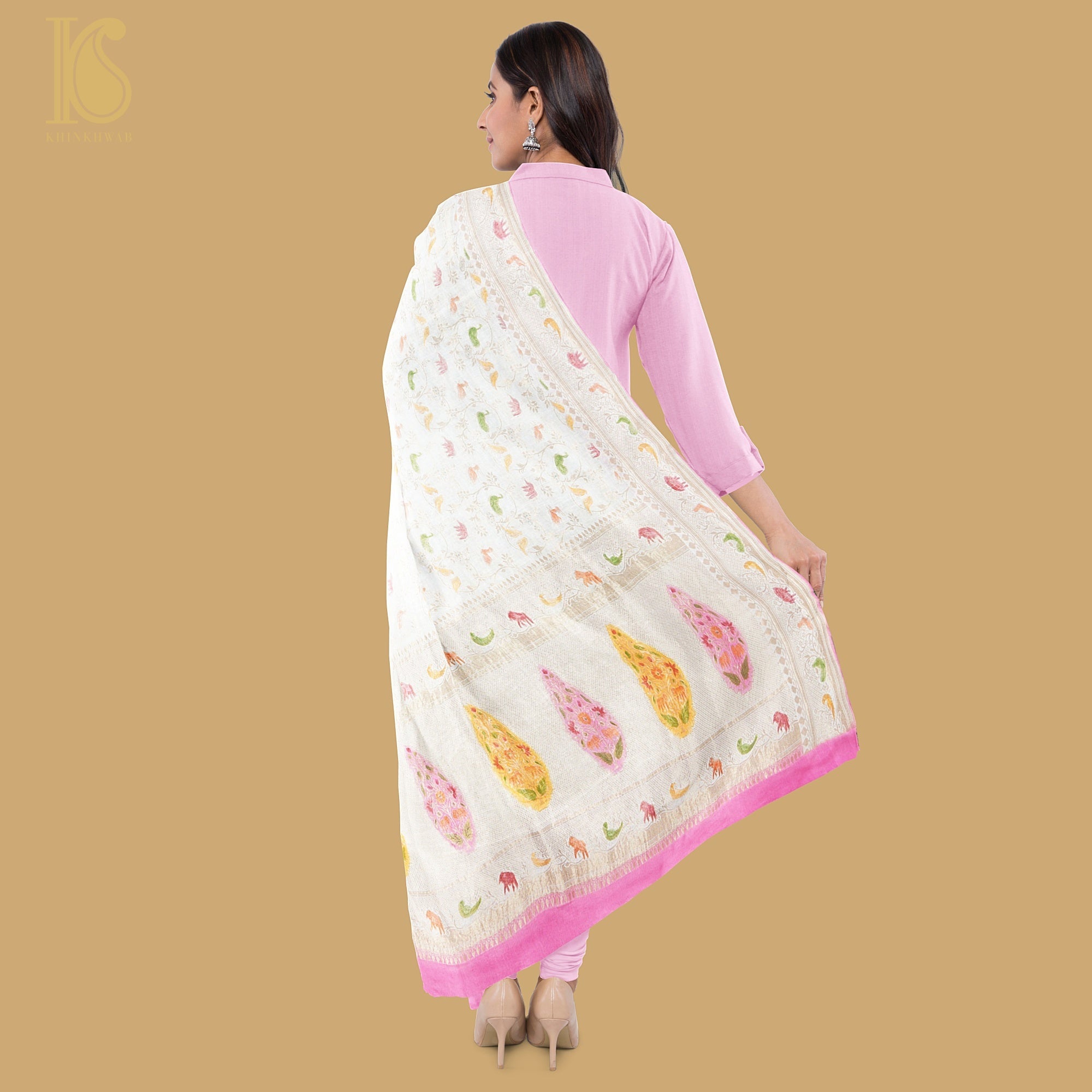 White & Pink Georgette Shikargah Banarasi Hand Brush Dupatta - Khinkhwab